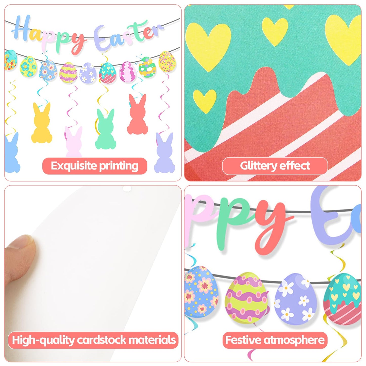 KFJBPB Happy Easter Banner Set — Bunny Garlands, Egg Cutouts & Swirls for Home & Classroom