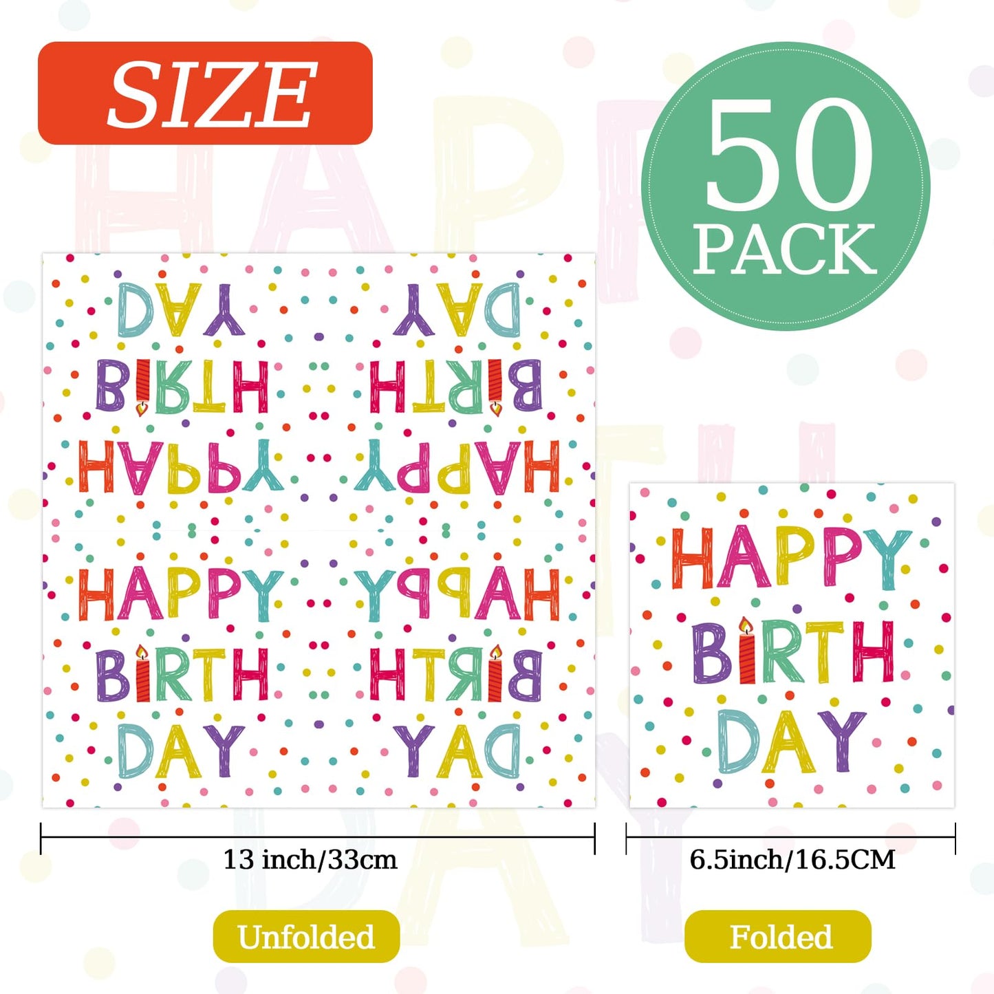 KFJBPB 50 Pcs Birthday Napkins – 13x13 Inches, Colorful Dots, Disposable Cocktail Napkins for Birthday Party