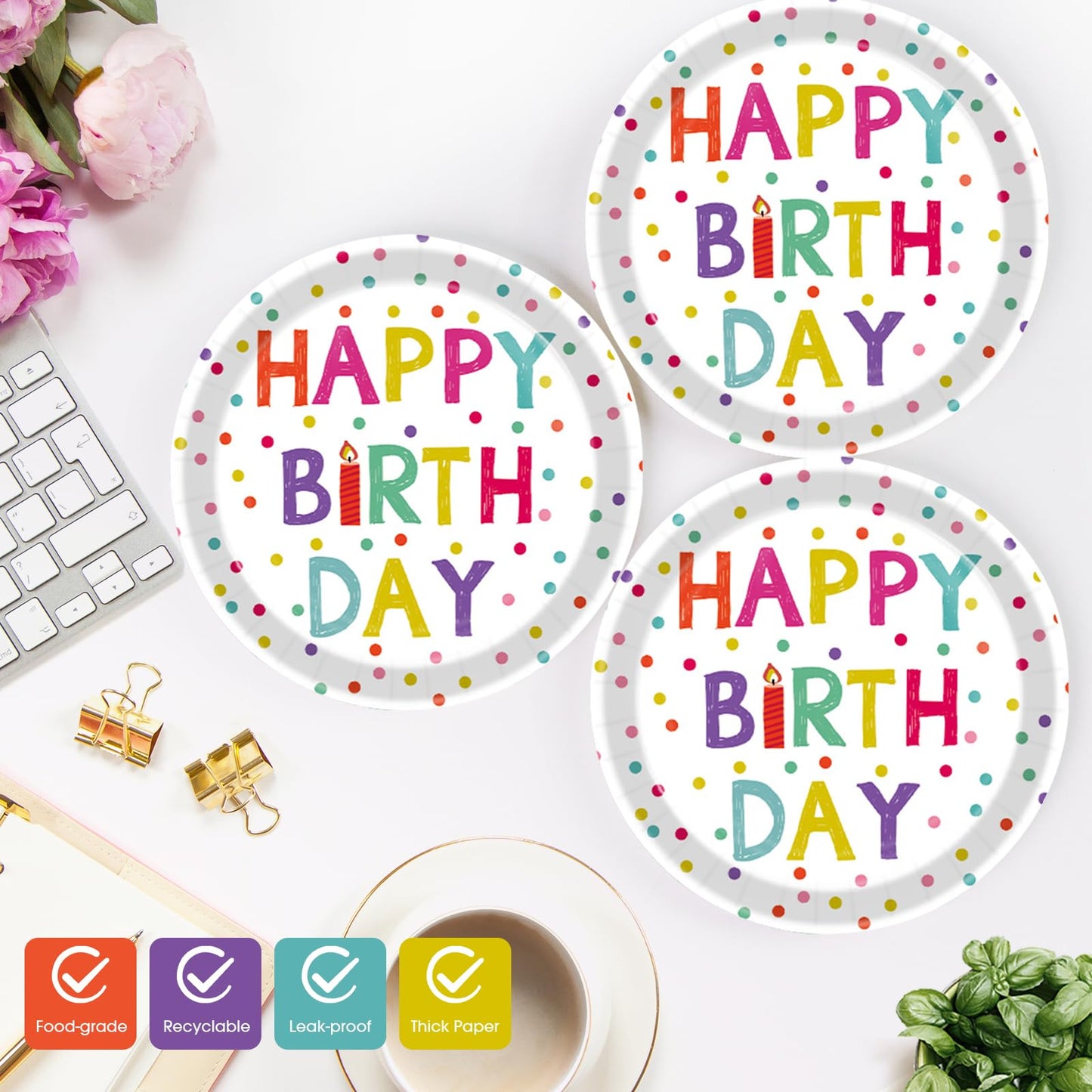 KFJBPB 40 Pcs Birthday Plates & Napkins Set – Disposable Tableware with Dots Design for 20 Guests