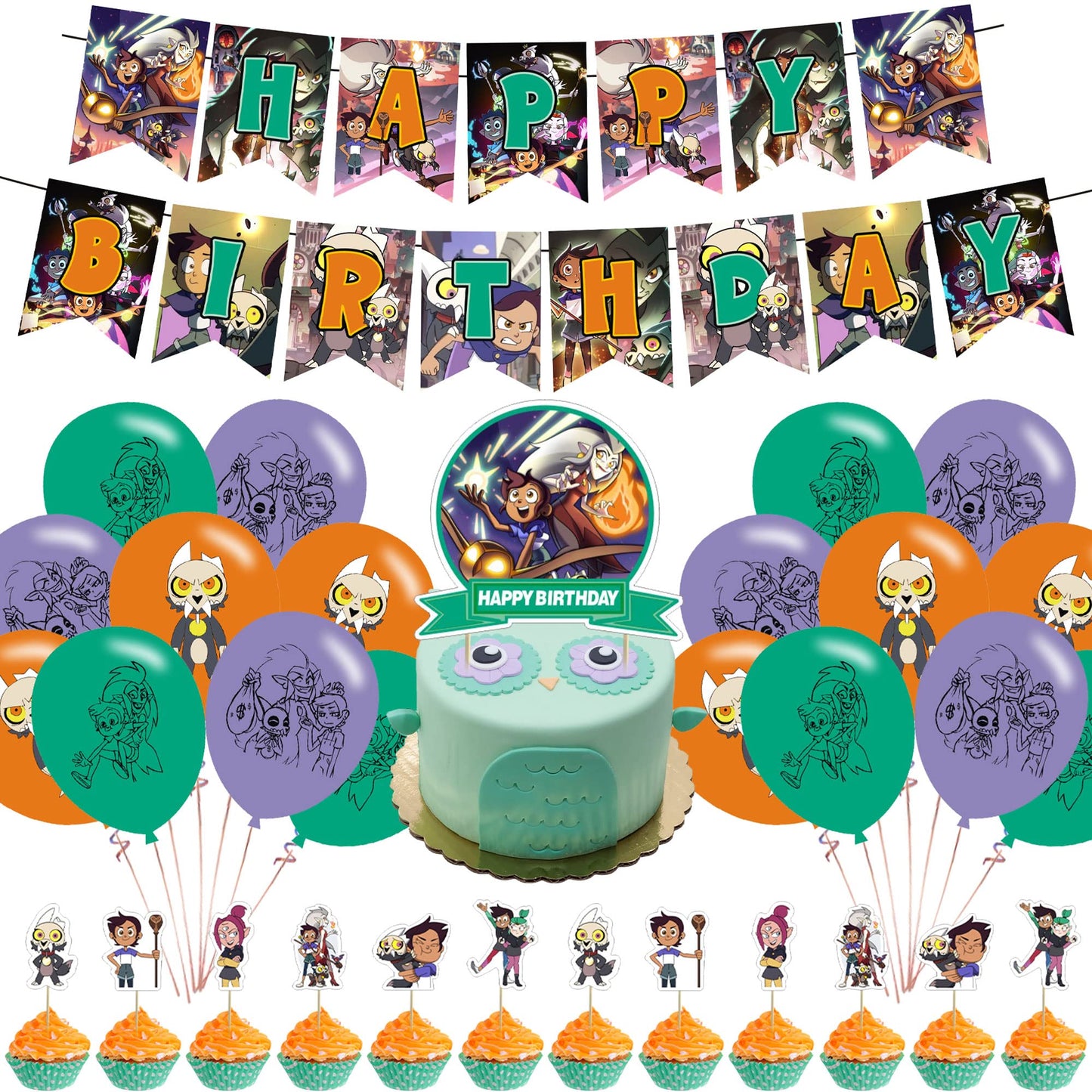 KGNZIUIZIU Owl House Birthday Party Decorations – Cartoon Theme Banner, Balloons, Cake Topper & Cupcake Toppers