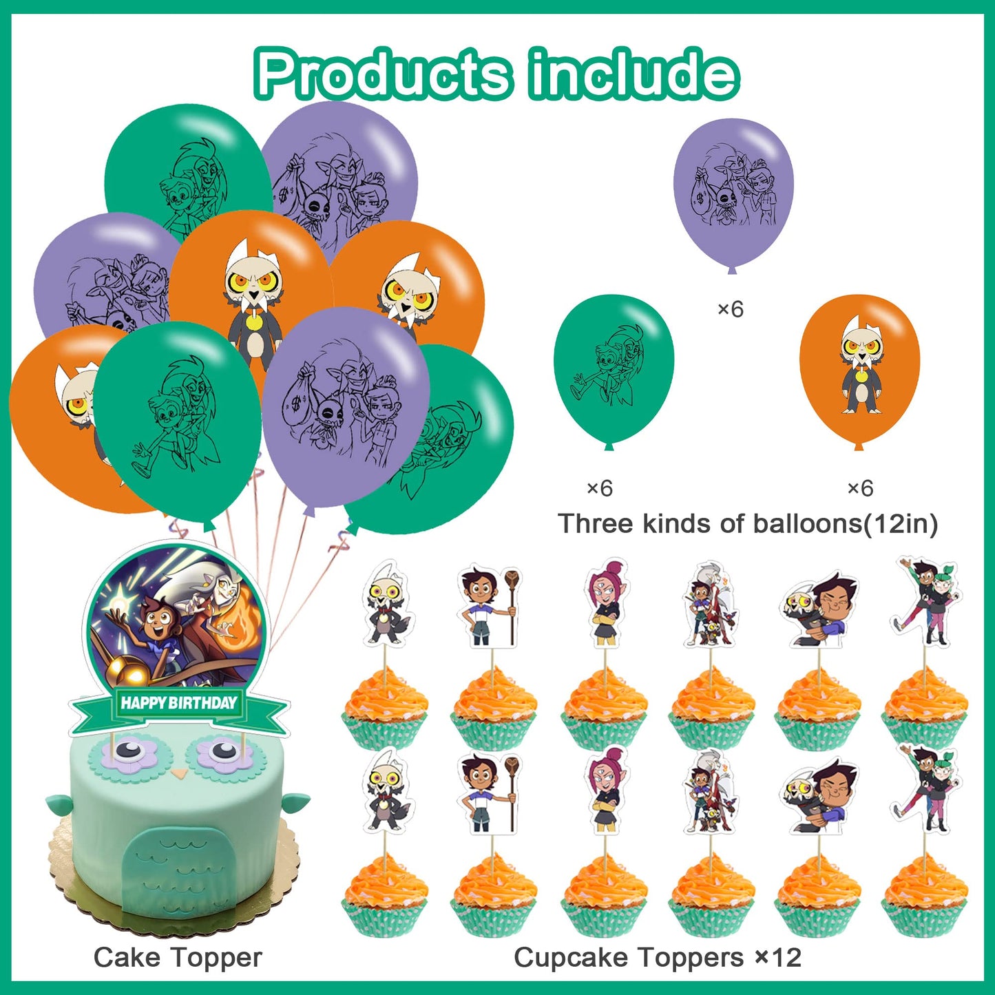 KGNZIUIZIU Owl House Birthday Party Decorations – Cartoon Theme Banner, Balloons, Cake Topper & Cupcake Toppers