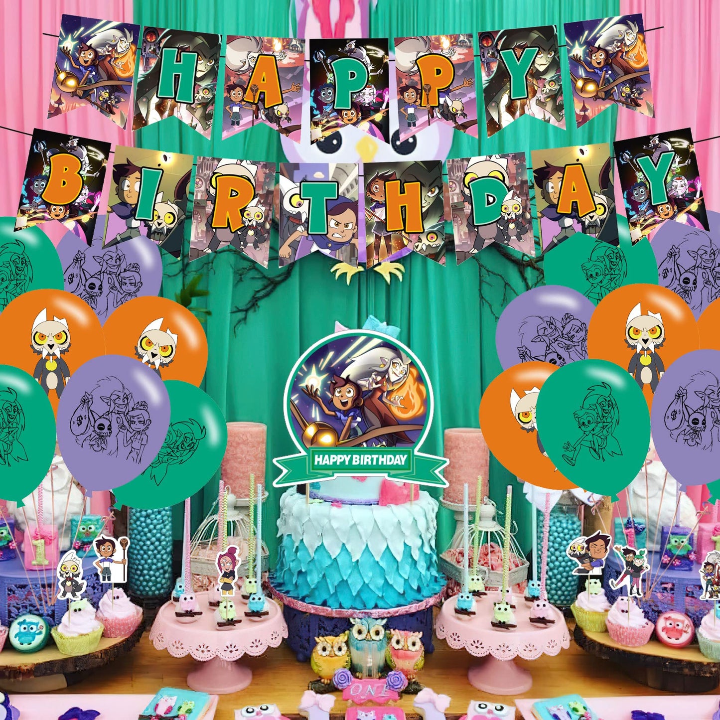 KGNZIUIZIU Owl House Birthday Party Decorations – Cartoon Theme Banner, Balloons, Cake Topper & Cupcake Toppers
