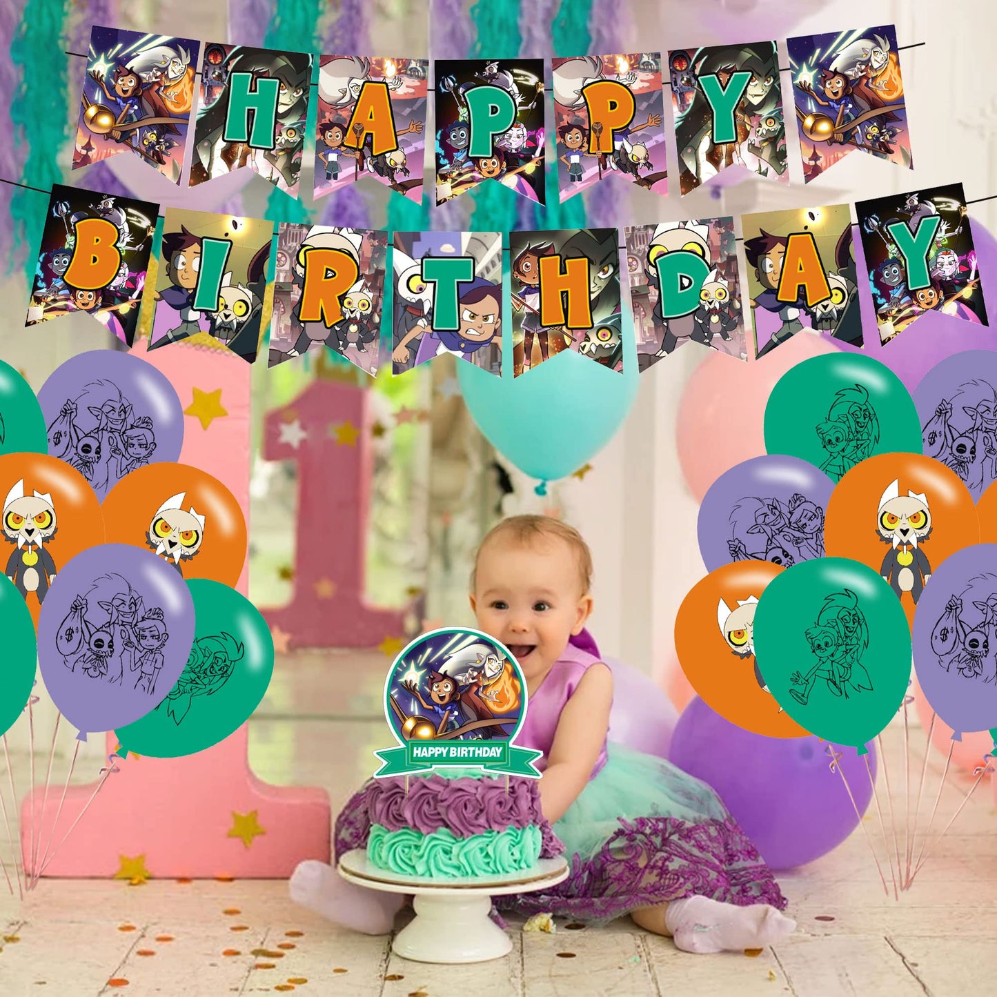 KGNZIUIZIU Owl House Birthday Party Decorations – Cartoon Theme Banner, Balloons, Cake Topper & Cupcake Toppers