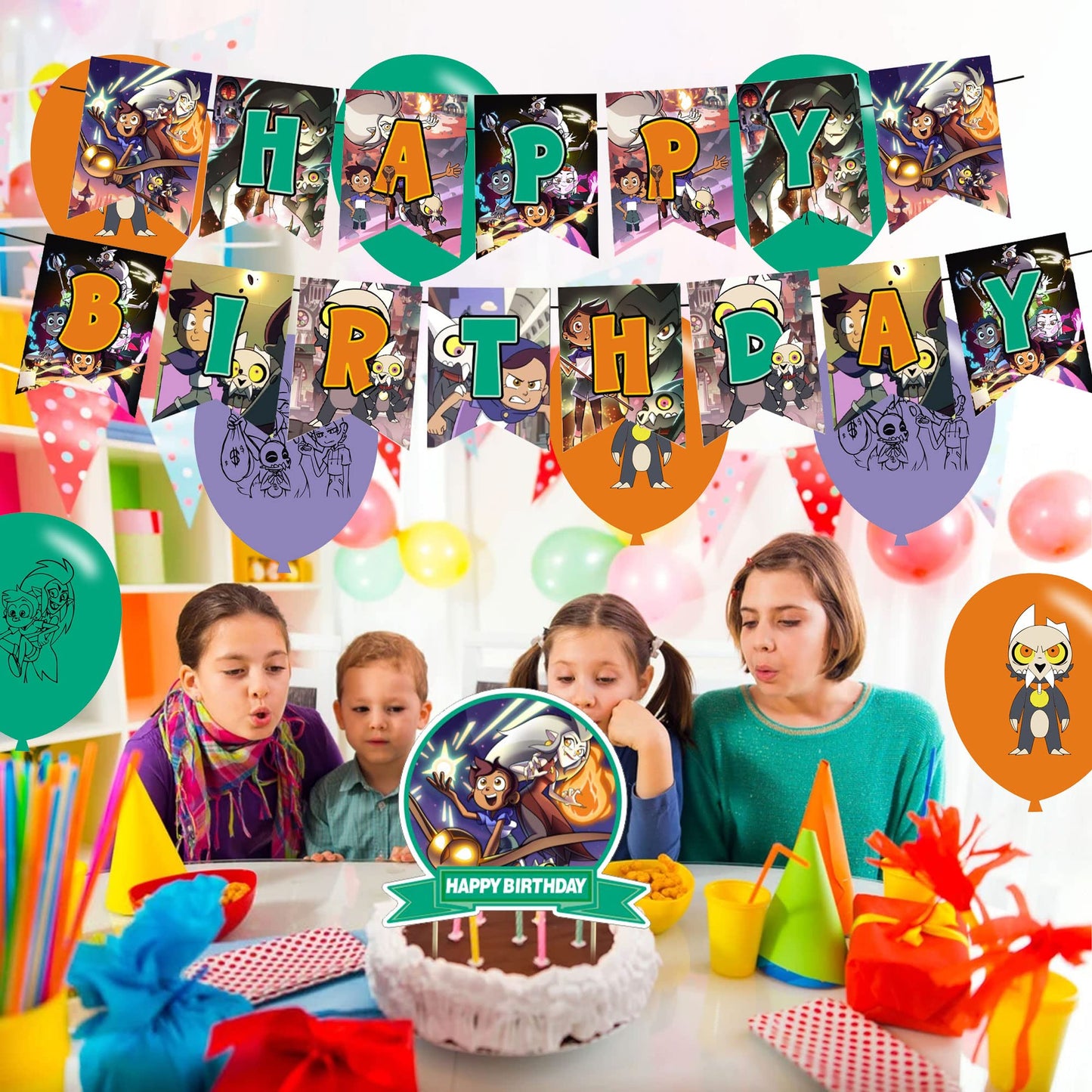 KGNZIUIZIU Owl House Birthday Party Decorations – Cartoon Theme Banner, Balloons, Cake Topper & Cupcake Toppers