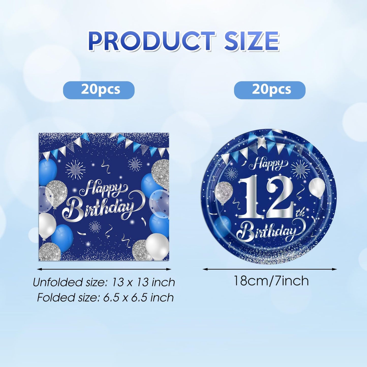 KHAIVI 12th Birthday Decorations – Blue & Silver Tableware Set (40 Pcs) for 12th Birthday Party