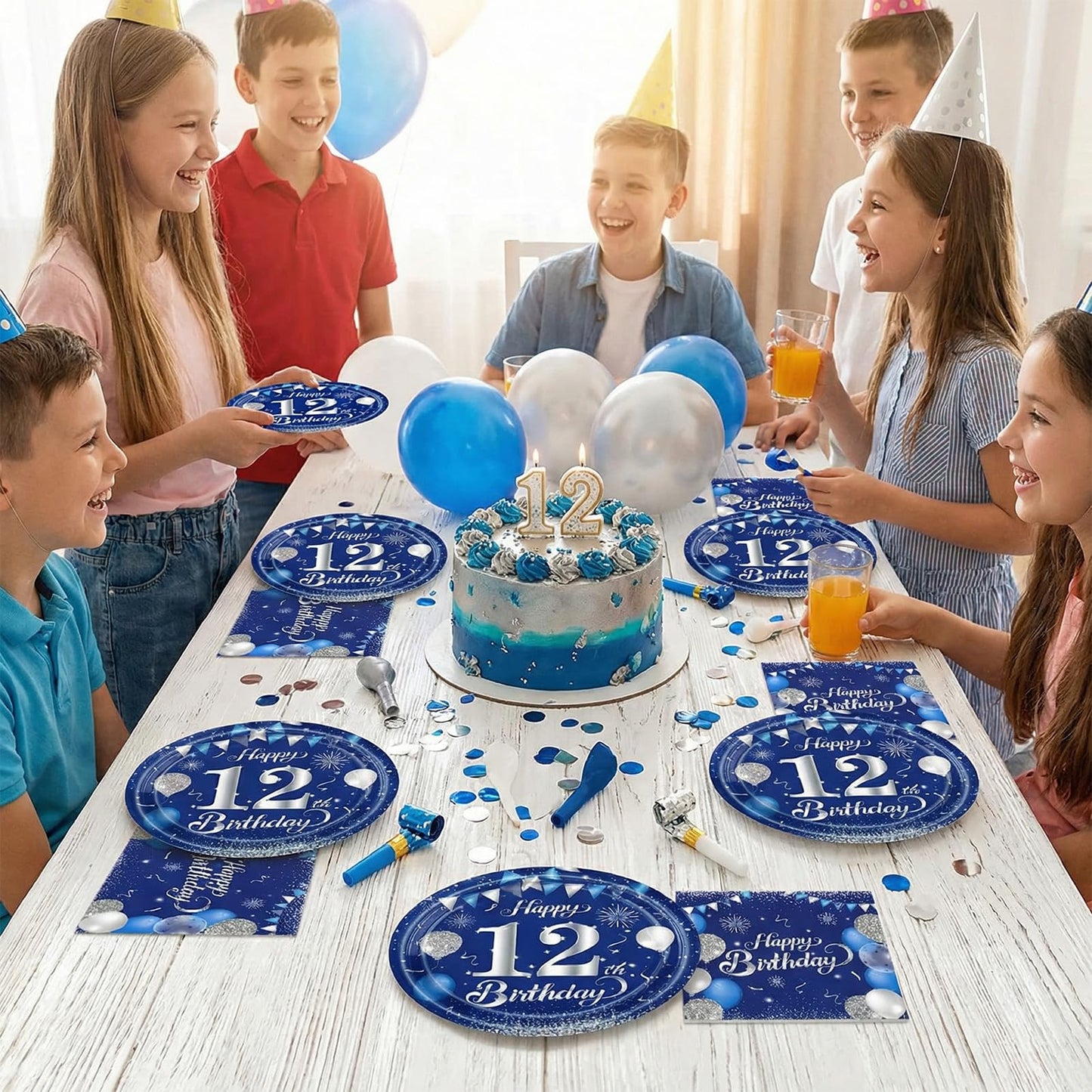 KHAIVI 12th Birthday Decorations – Blue & Silver Tableware Set (40 Pcs) for 12th Birthday Party