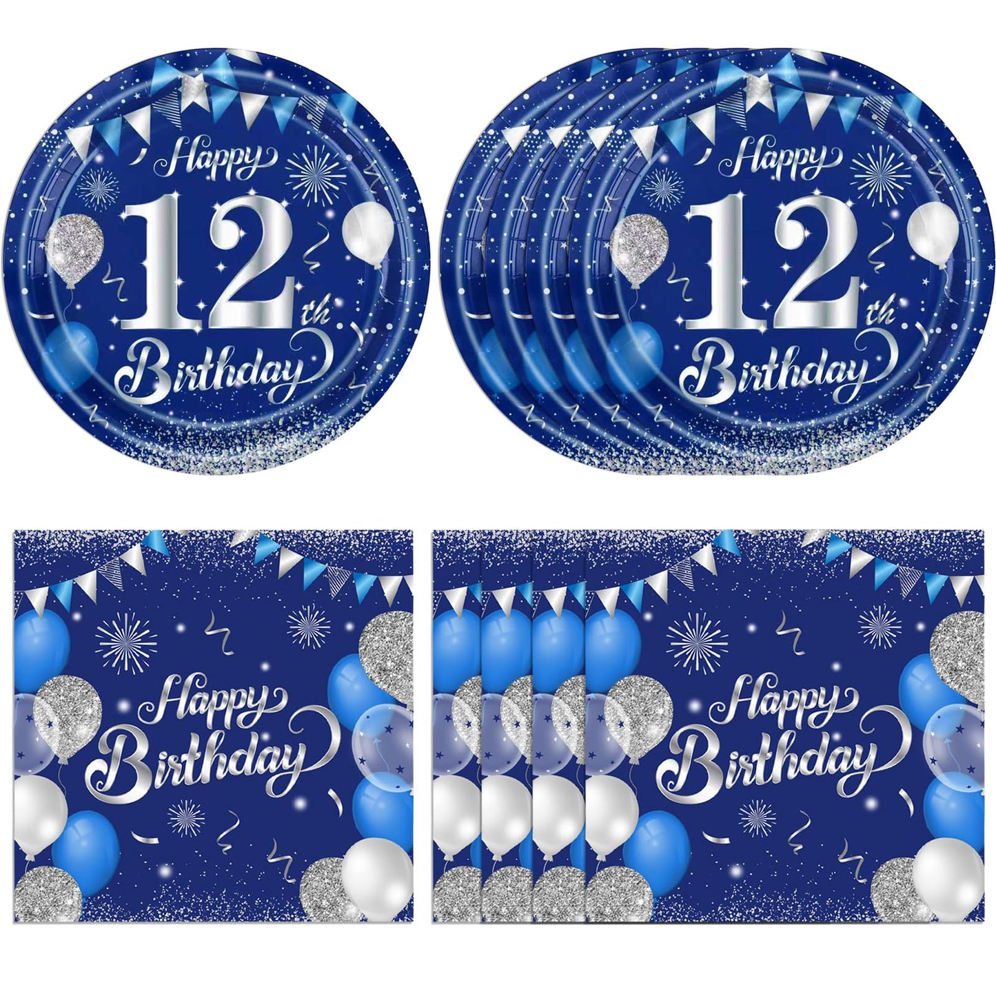 KHAIVI 12th Birthday Decorations – Blue & Silver Tableware Set (40 Pcs) for 12th Birthday Party