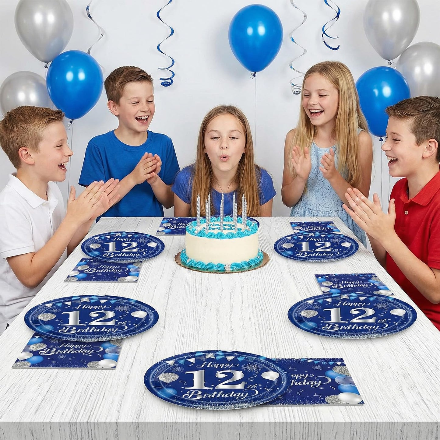 KHAIVI 12th Birthday Decorations – Blue & Silver Tableware Set (40 Pcs) for 12th Birthday Party