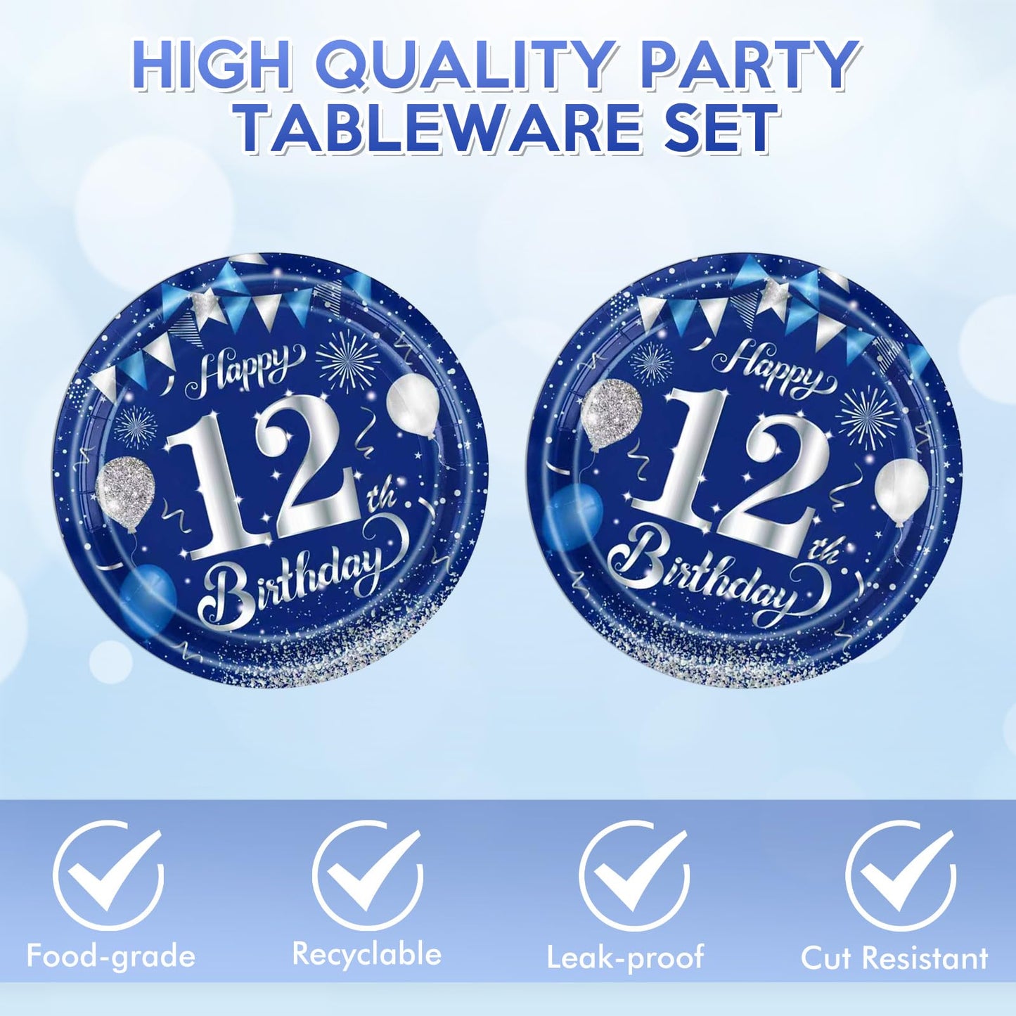 KHAIVI 12th Birthday Decorations – Blue & Silver Tableware Set (40 Pcs) for 12th Birthday Party