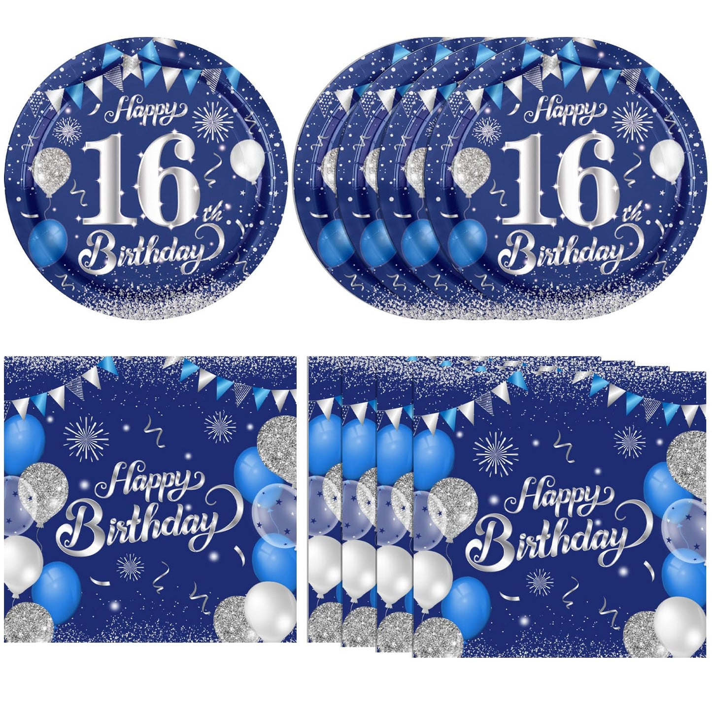KHAIVI 16th Birthday Decorations – Blue & Silver Tableware, 20 Plates & Napkins