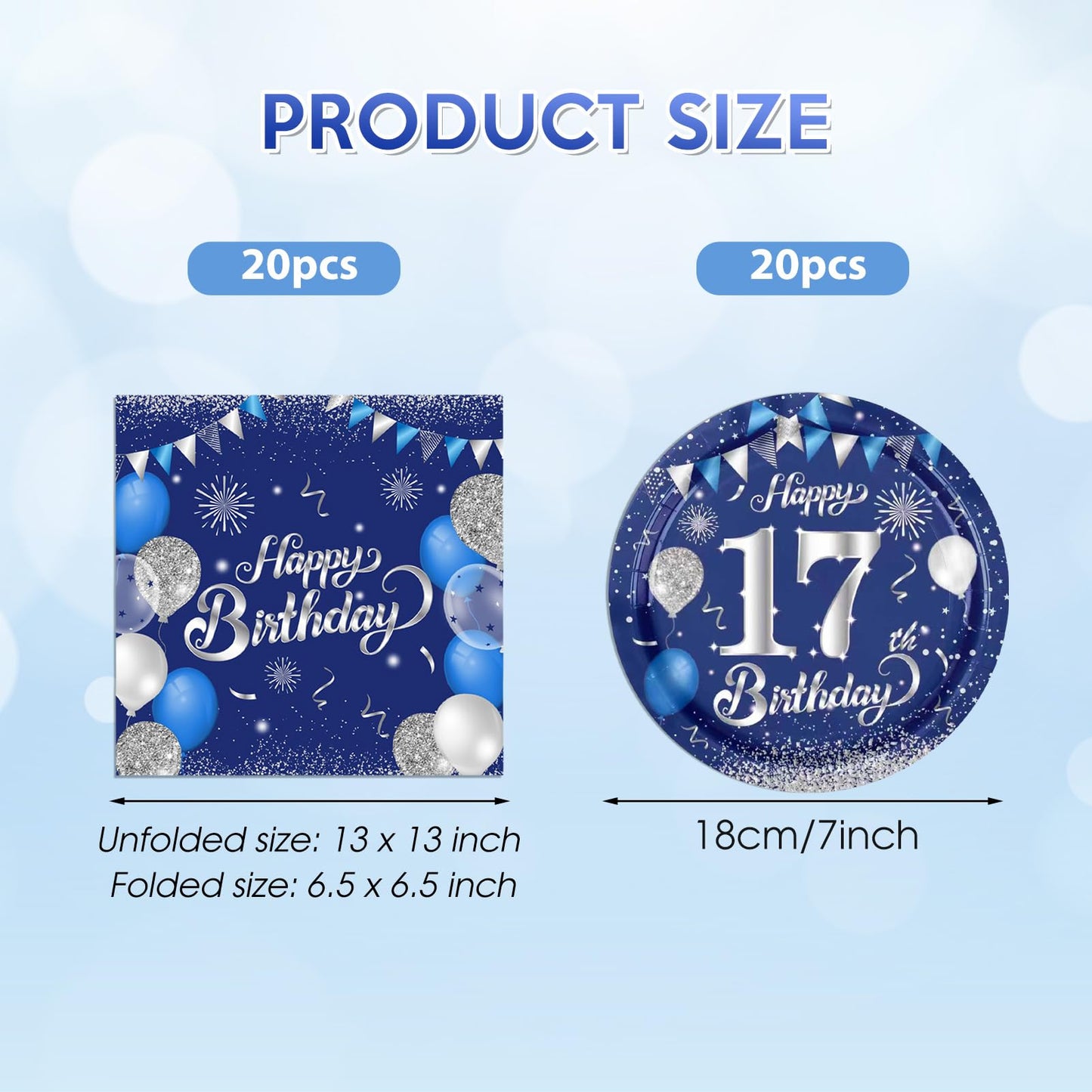 KHAIVI 40Pcs 17th Birthday Decorations — Blue & Silver Table Decor Set for Teens (Serves 20)