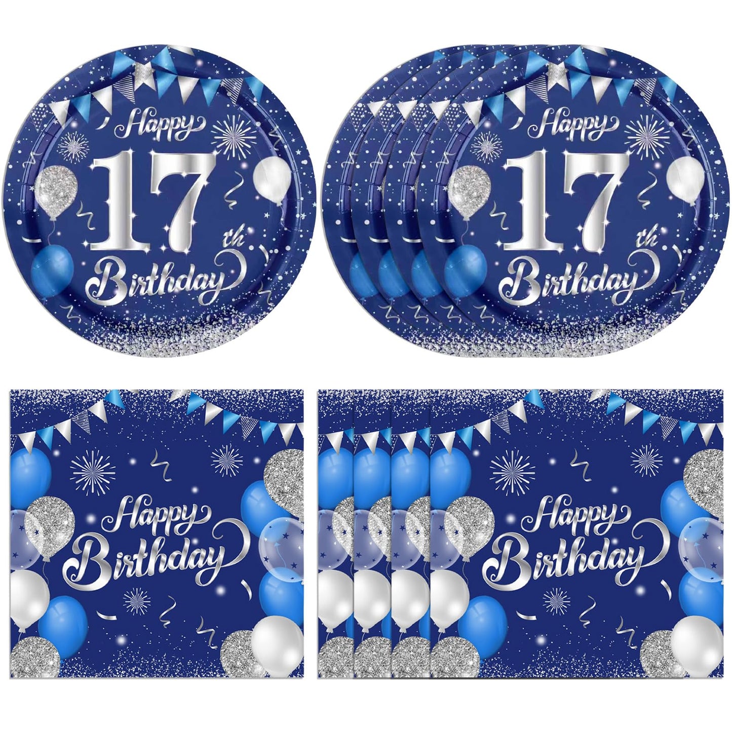 KHAIVI 40Pcs 17th Birthday Decorations — Blue & Silver Table Decor Set for Teens (Serves 20)