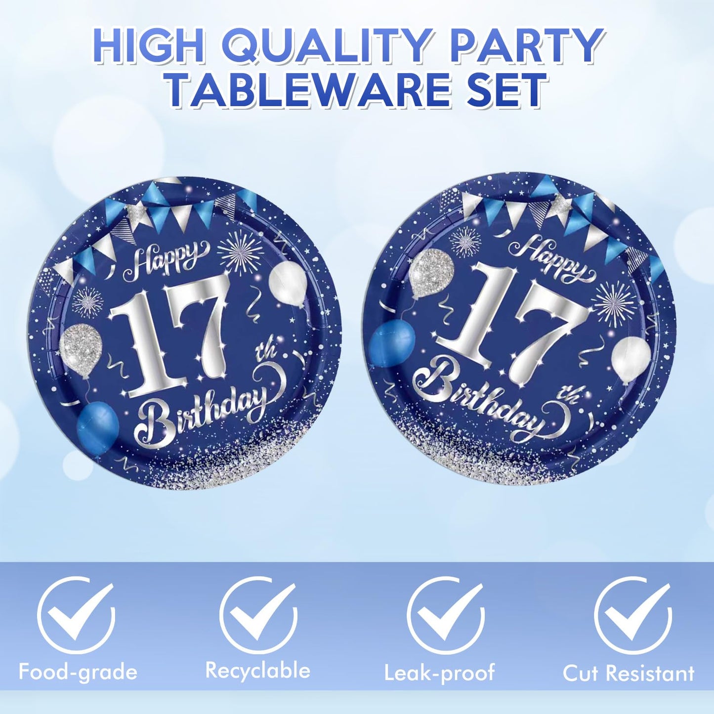 KHAIVI 40Pcs 17th Birthday Decorations — Blue & Silver Table Decor Set for Teens (Serves 20)