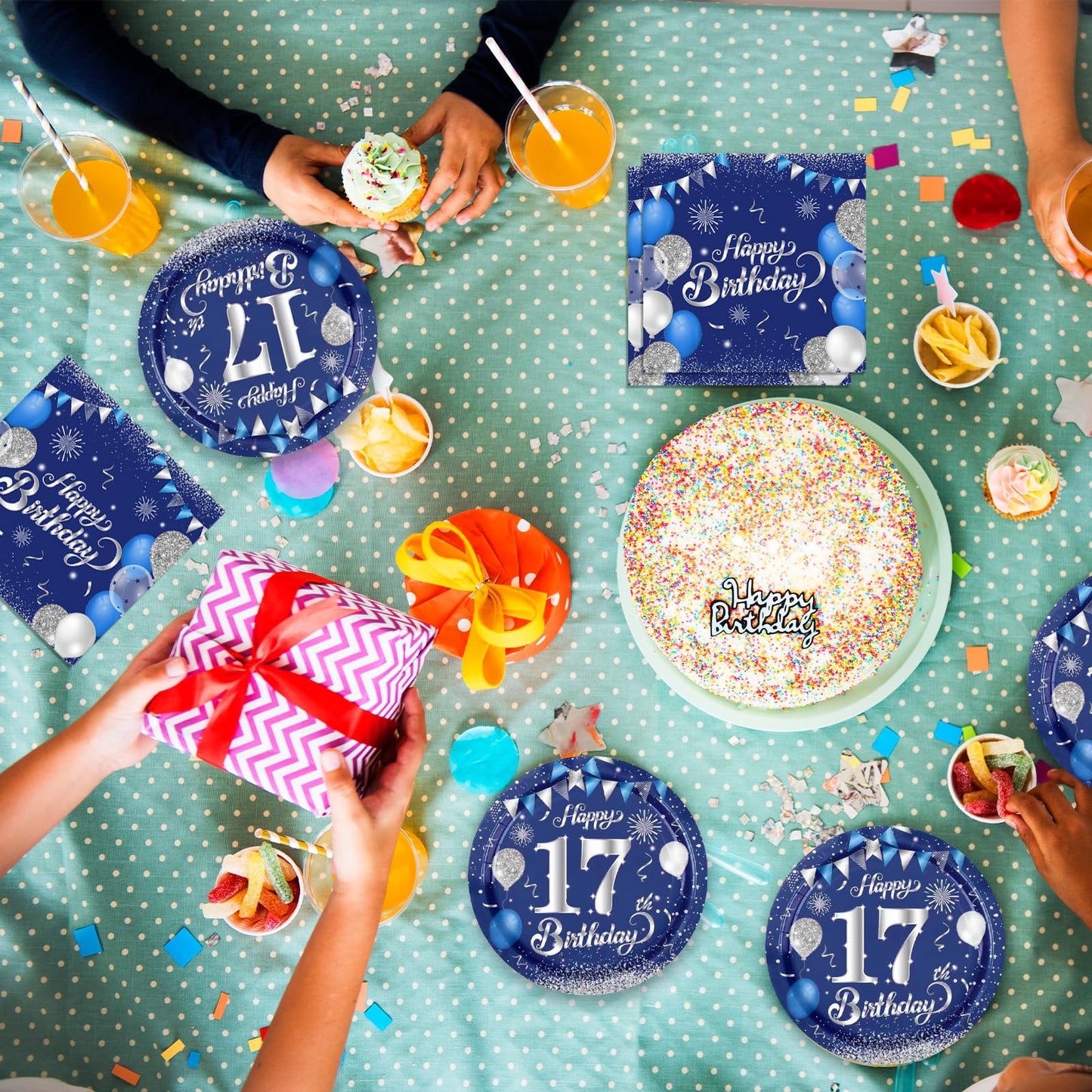KHAIVI 40Pcs 17th Birthday Decorations — Blue & Silver Table Decor Set for Teens (Serves 20)