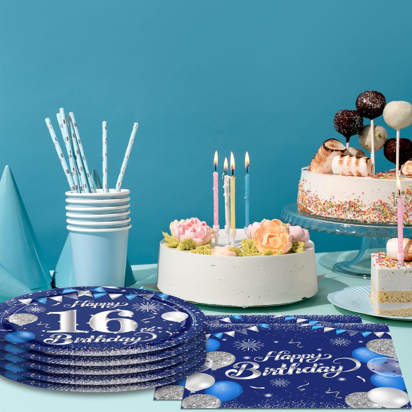 KHAIVI 16th Birthday Decorations – Blue & Silver Tableware, 20 Plates & Napkins