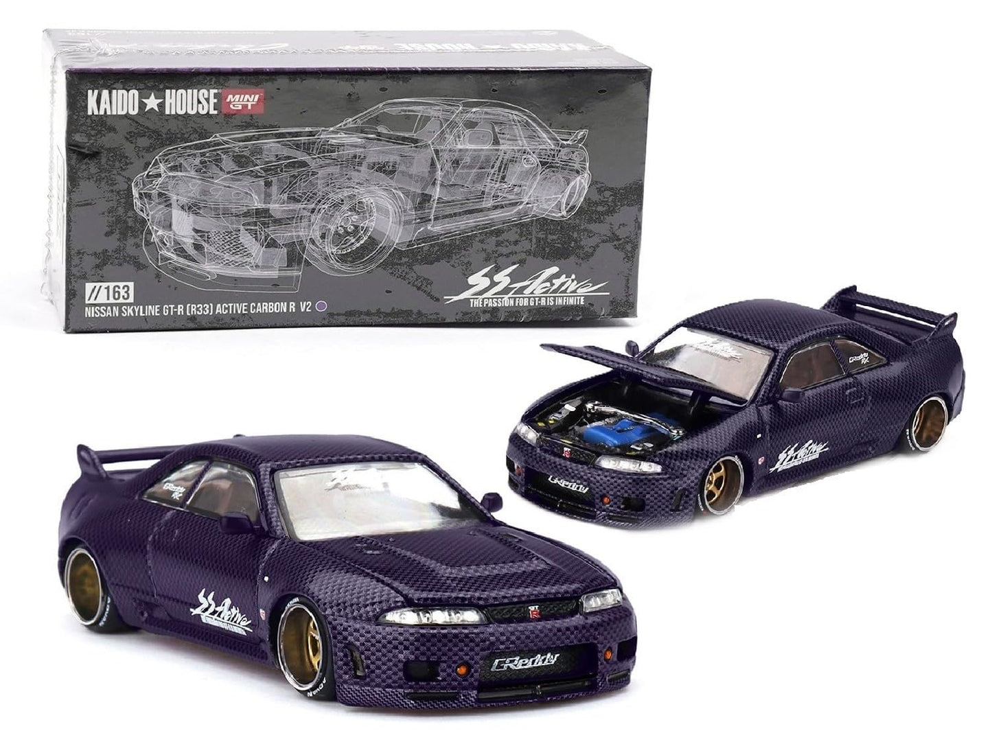 KHMG163 Diecast Nissan Skyline GT-R R33 – Kaido House x Mini GT 1:64 Active Carbon R V2 Purple Edition