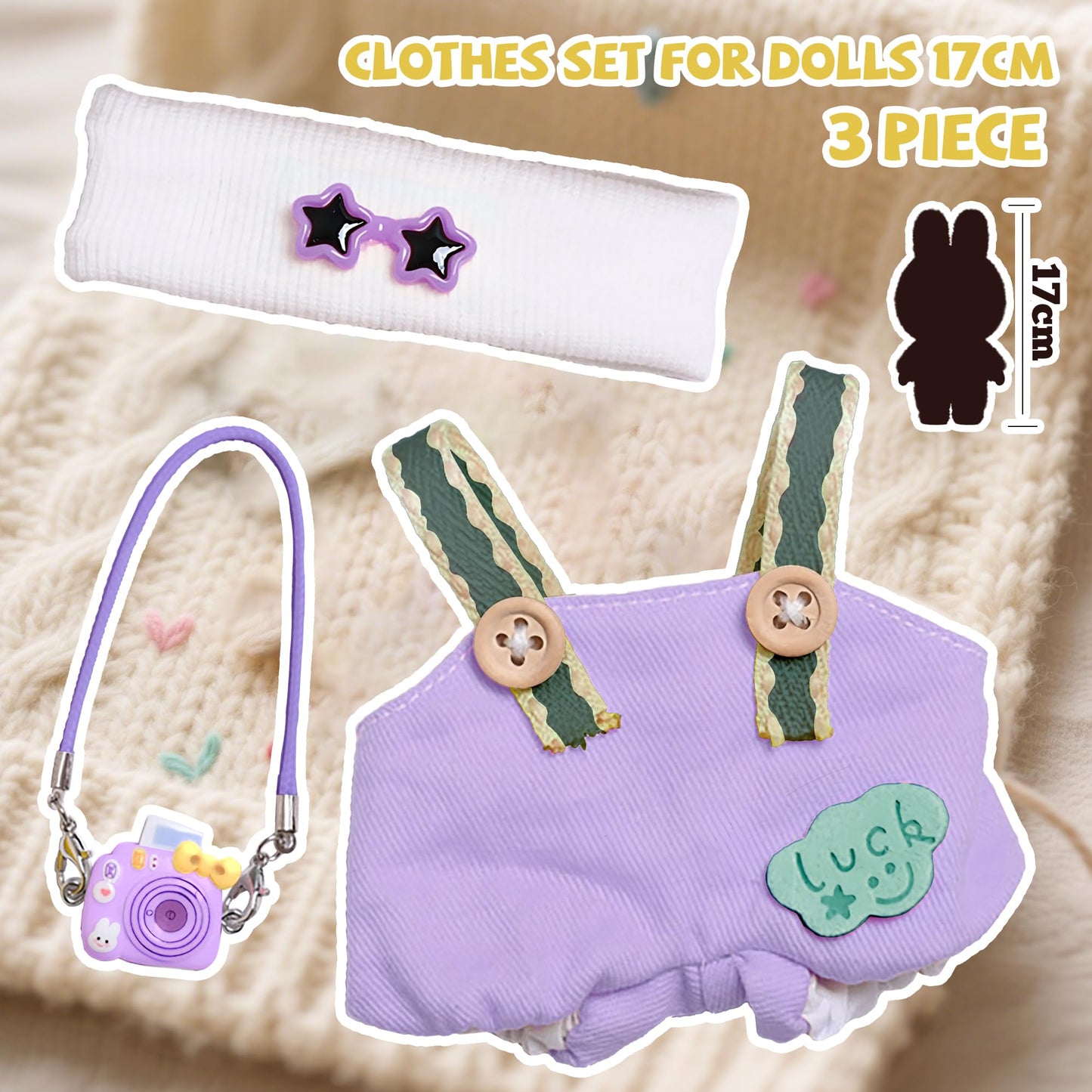 KHOXU 17cm Doll Clothes Set - Purple 3-Piece with Hat & Camera