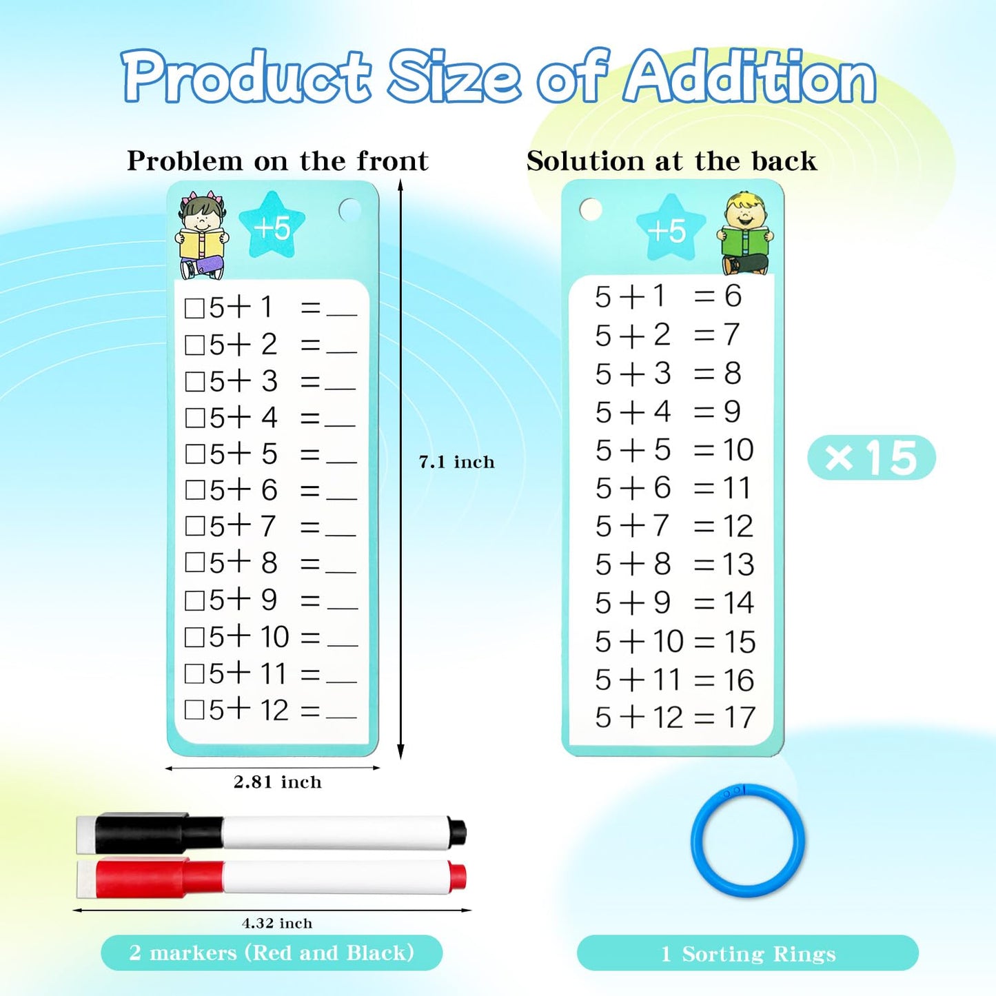 Kiadekoce Addition Flash Cards 1-12 – 15-Card Times Table Set with Dry Erase Markers for Grades 1–3