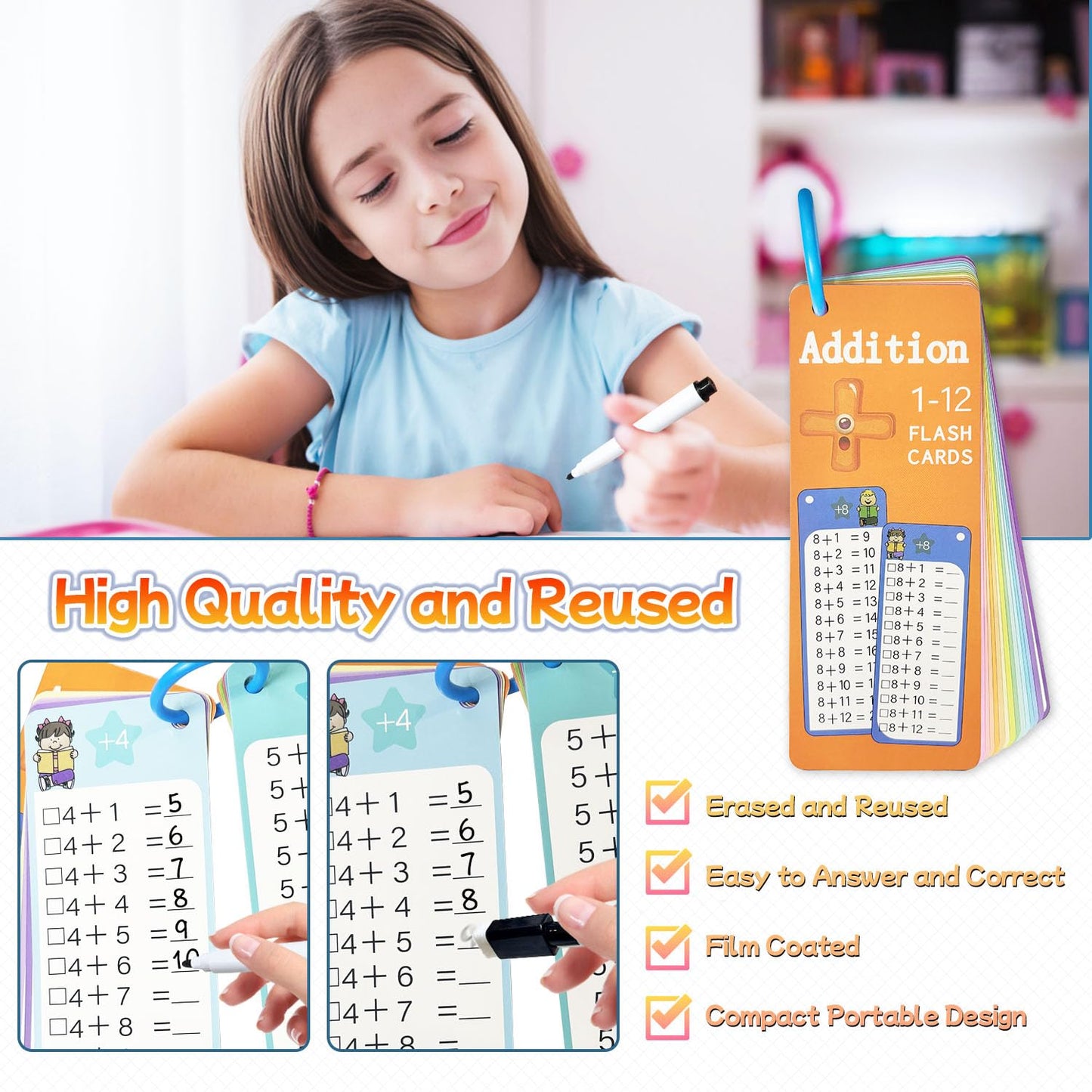 Kiadekoce Addition Flash Cards 1-12 – 15-Card Times Table Set with Dry Erase Markers for Grades 1–3