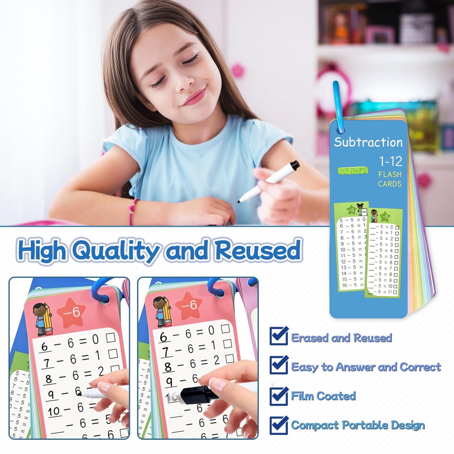 Kiadekoce Subtraction Flash Cards 1-12 – 15-Piece Times Table Set with Dry-Erase Markers