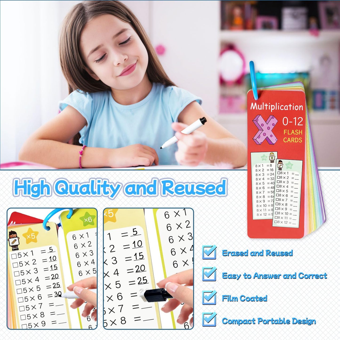 Kiadekoce Multiplication Flash Cards 0-12 | 15-Piece Times Table Set with Dry Erase Markers & Ring Bindings