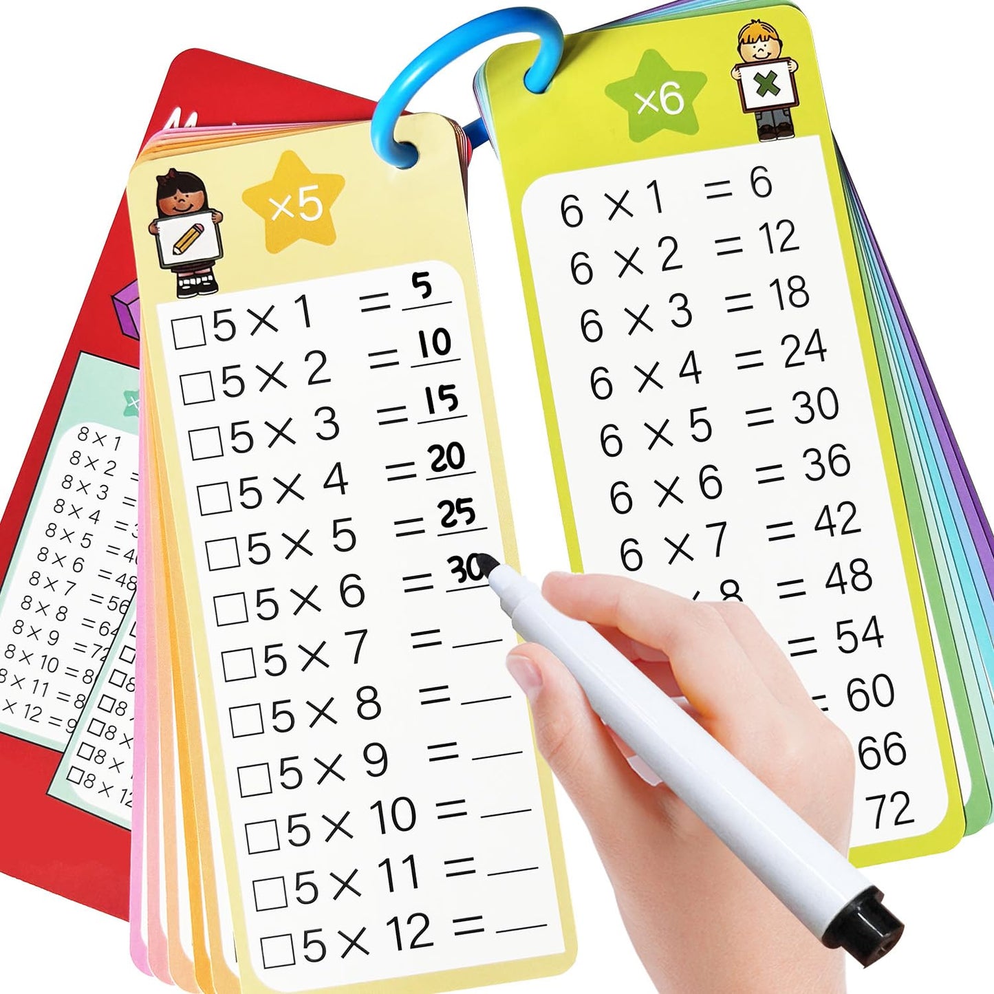 Kiadekoce Multiplication Flash Cards 0-12 | 15-Piece Times Table Set with Dry Erase Markers & Ring Bindings
