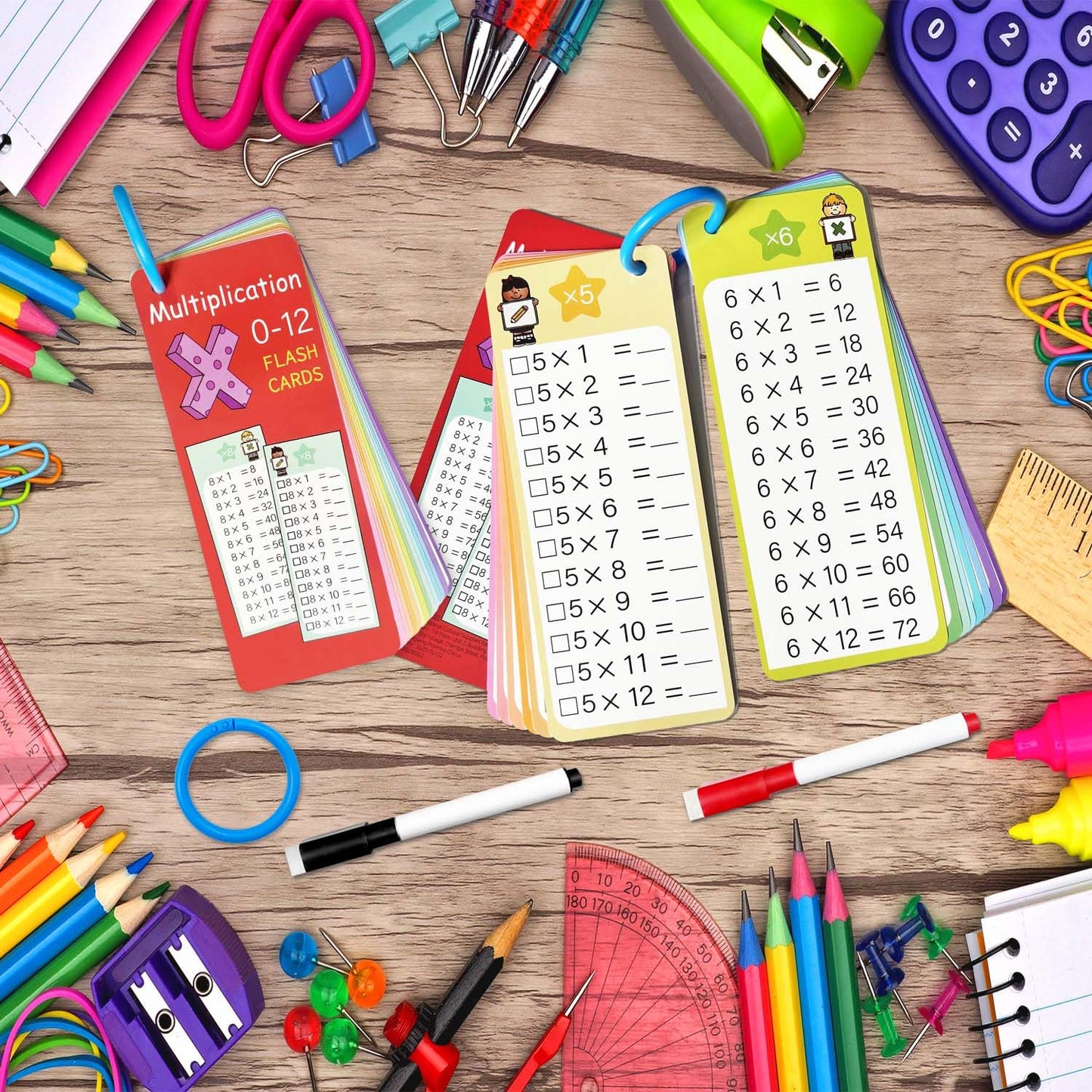 Kiadekoce Multiplication Flash Cards 0-12 | 15-Piece Times Table Set with Dry Erase Markers & Ring Bindings