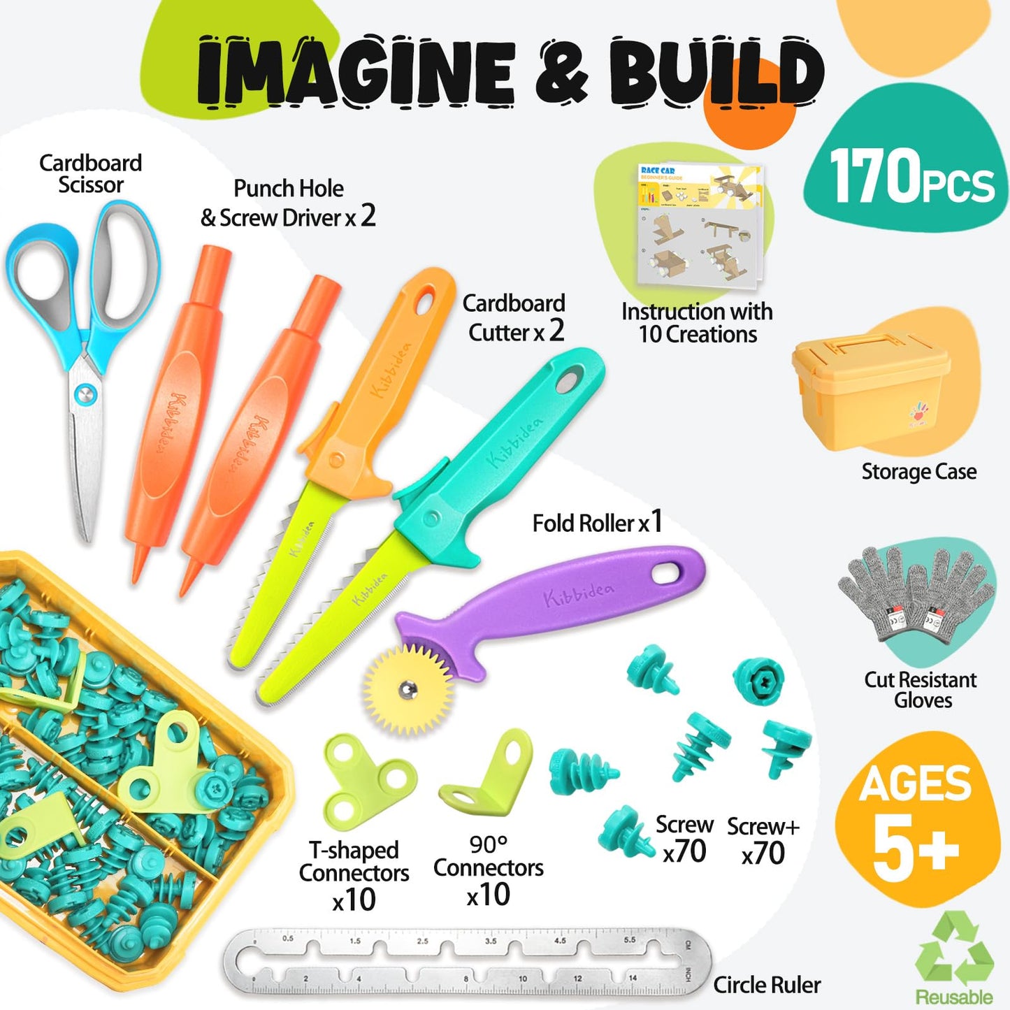 Kibbidea Cardboard Tools Kit – 170 Pcs STEM Building Set for Kids 5+