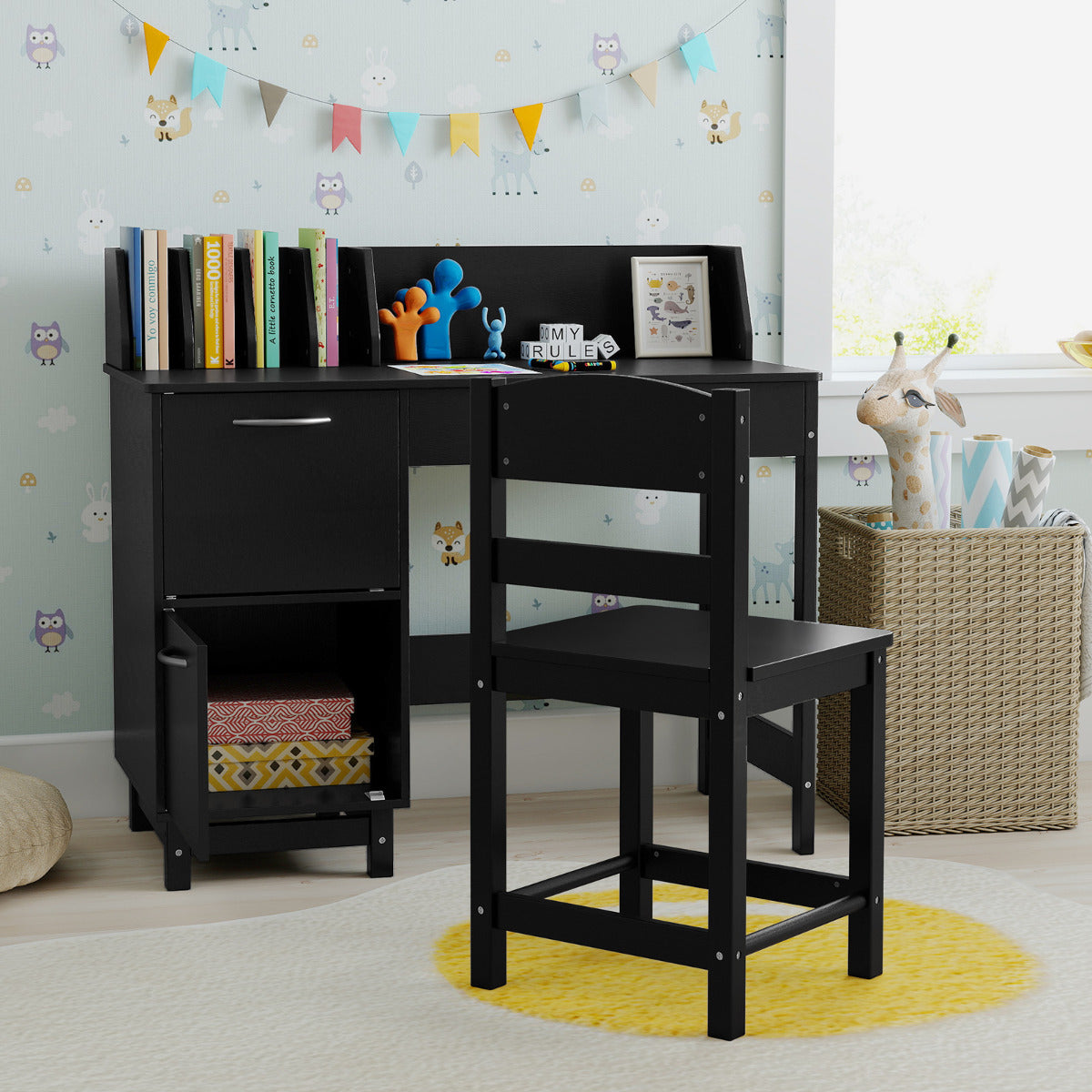 Kid's Study Desk and Chair Set with Deep Drawer and Enclosed Cabinets-Black
