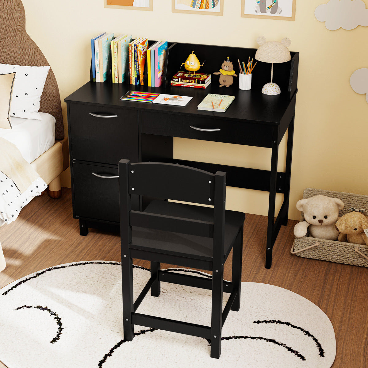 Kid's Study Desk and Chair Set with Deep Drawer and Enclosed Cabinets-Black