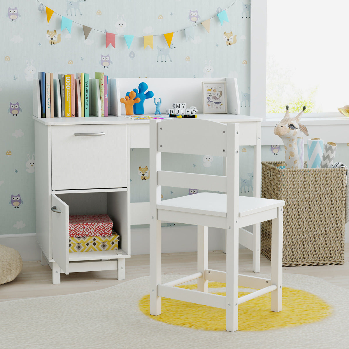 Kid's Study Desk and Chair Set with Deep Drawer and Enclosed Cabinets-Black