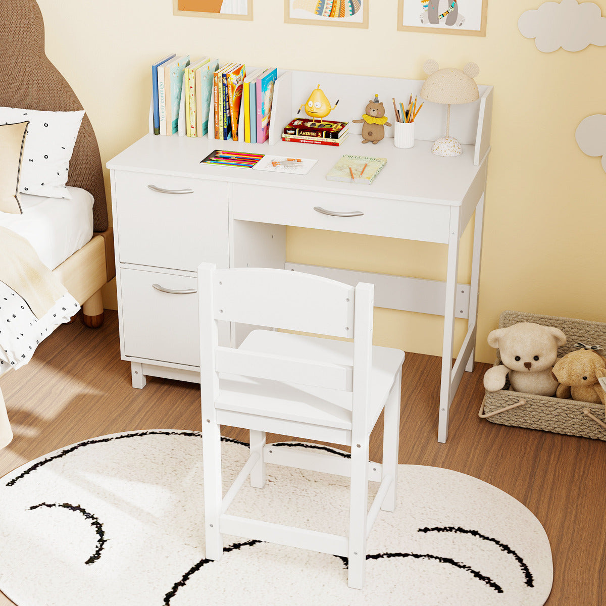 Kid's Study Desk and Chair Set with Deep Drawer and Enclosed Cabinets-Black