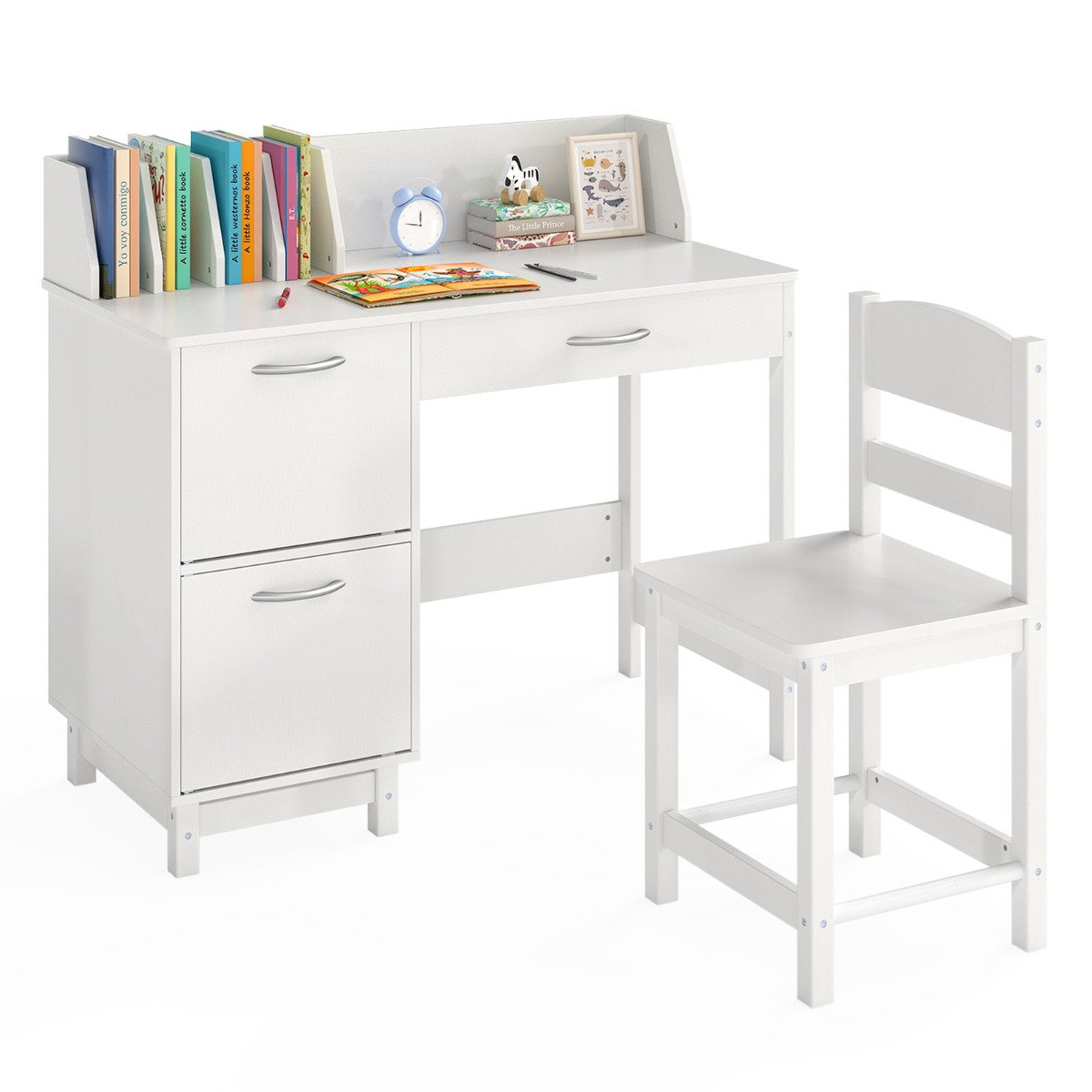 Kid's Study Desk and Chair Set with Deep Drawer and Enclosed Cabinets-Black