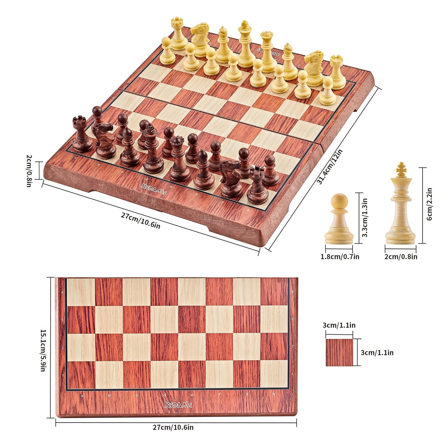 KIDAMI Magnetic Travel Chess Set – 12-Inch Folding Board with 2 Storage Bags