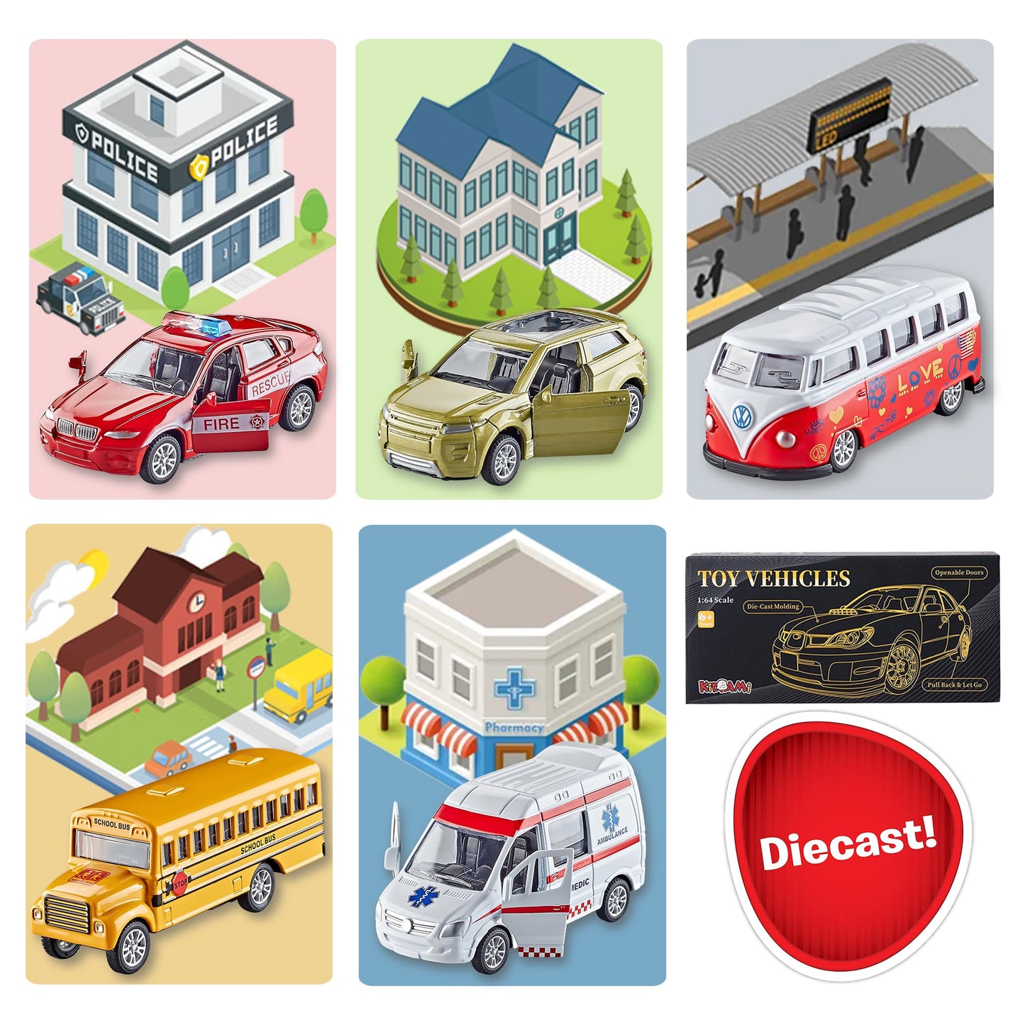 KIDAMI Die-Cast Car Set of 5 – Openable Doors, Pull-Back Action, Gift Pack (Official Car II)