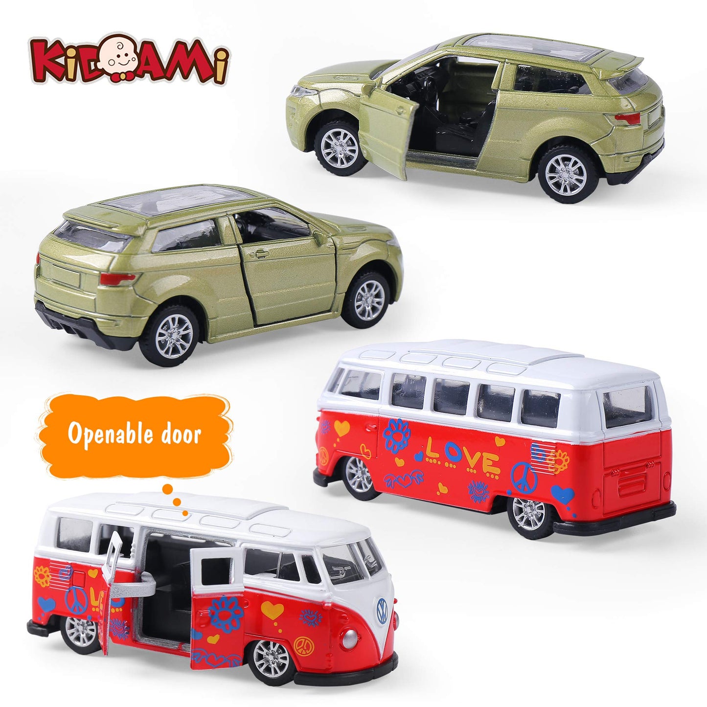 KIDAMI Die-Cast Car Set of 5 – Openable Doors, Pull-Back Action, Gift Pack (Official Car II)