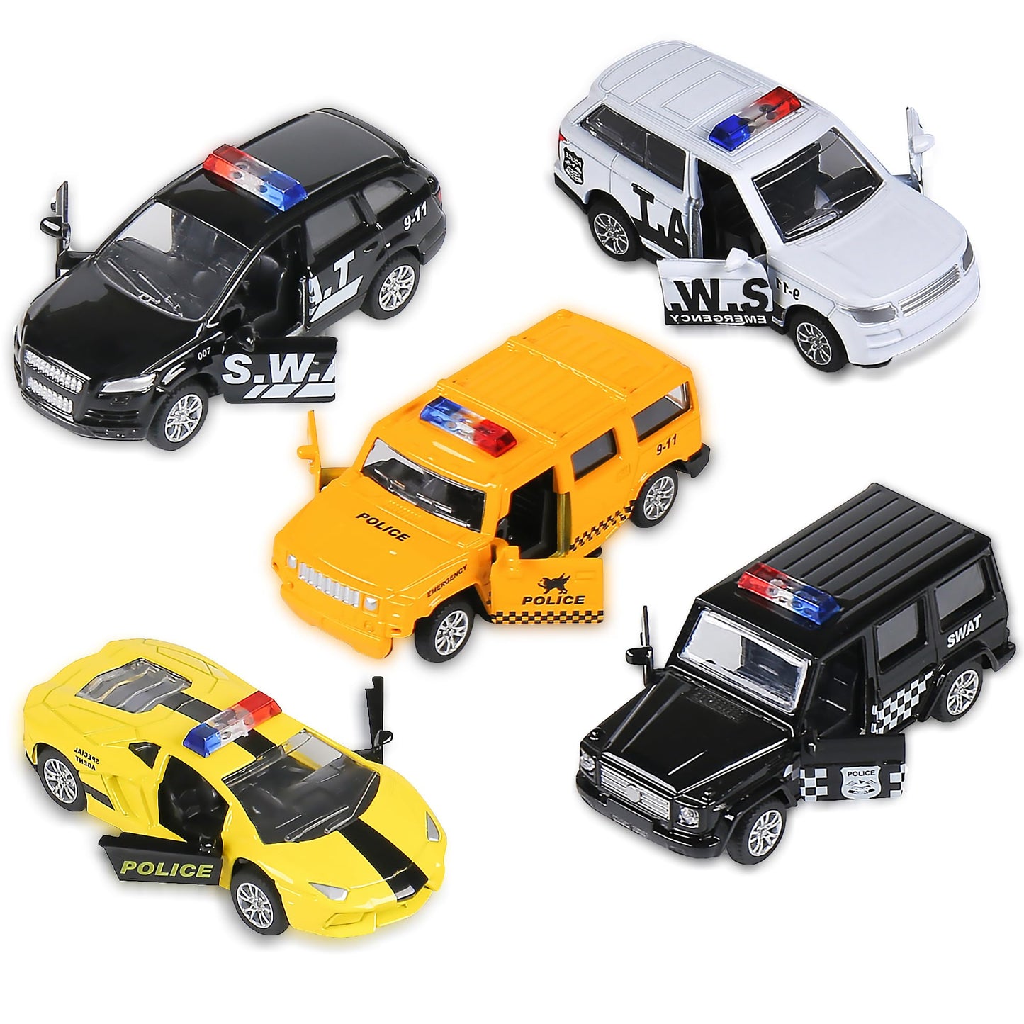 KIDAMI Die Cast Police Cars – Set of 5 with Openable Doors & Pull-Back Action (1:64)