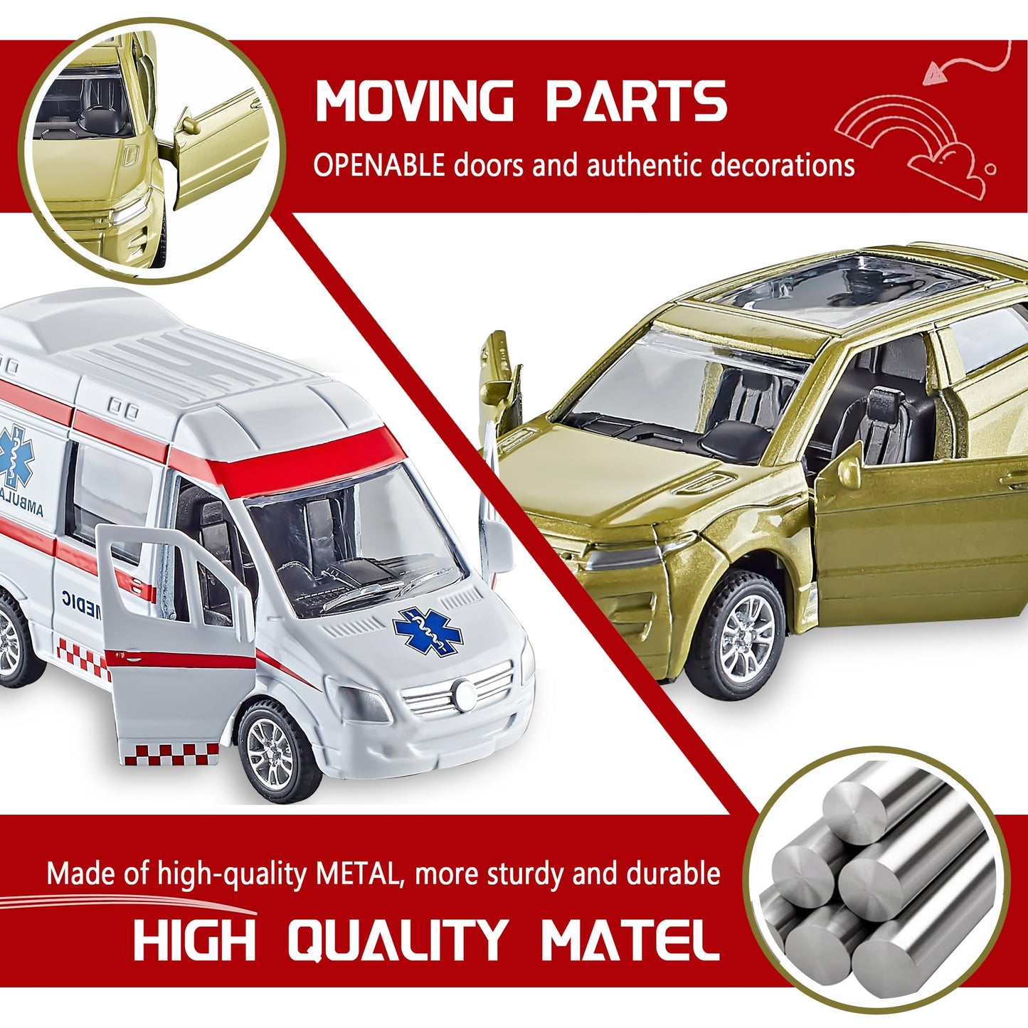 KIDAMI Die-Cast Car Set of 5 – Openable Doors, Pull-Back Action, Gift Pack (Official Car II)