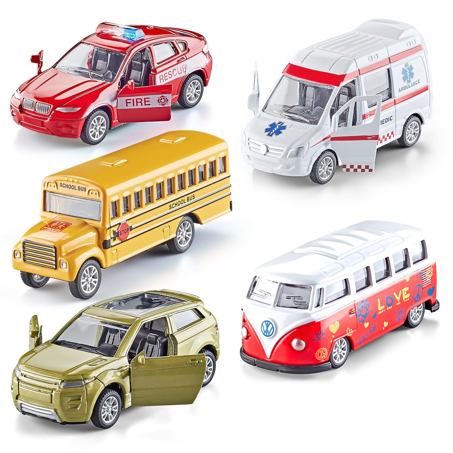 KIDAMI Die-Cast Car Set of 5 – Openable Doors, Pull-Back Action, Gift Pack (Official Car II)