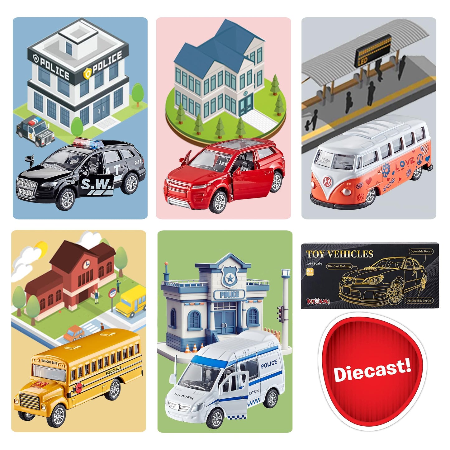 KIDAMI Die-cast 5-Car Set — Openable Doors, Pull-Back Action, Gift Pack