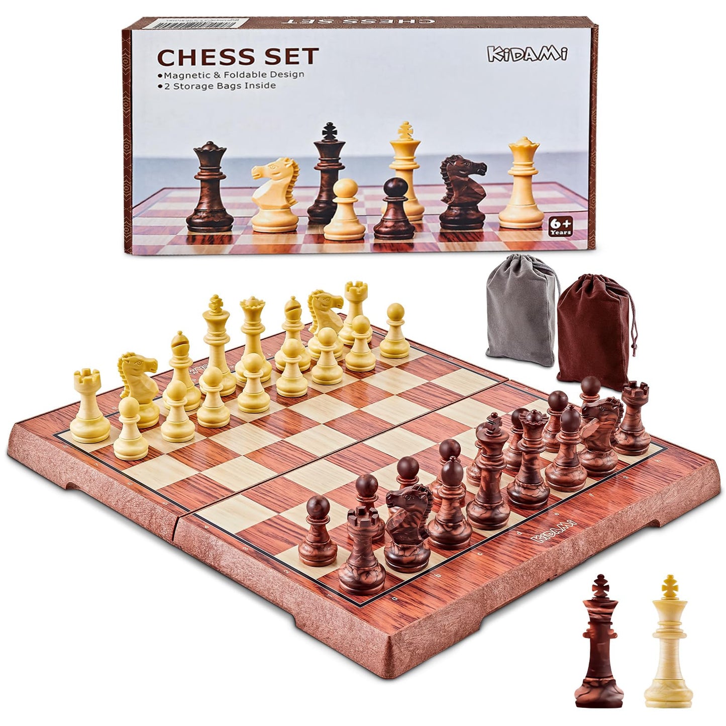 KIDAMI Magnetic Travel Chess Set – 12-Inch Folding Board with 2 Storage Bags