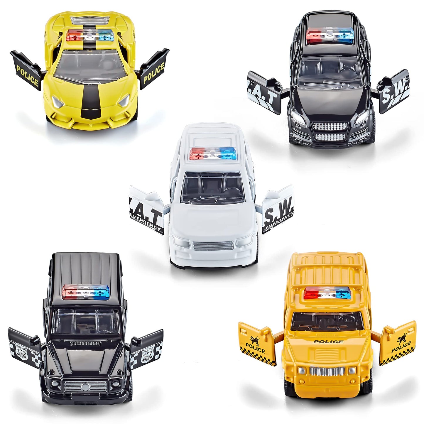 KIDAMI Die Cast Police Cars – Set of 5 with Openable Doors & Pull-Back Action (1:64)