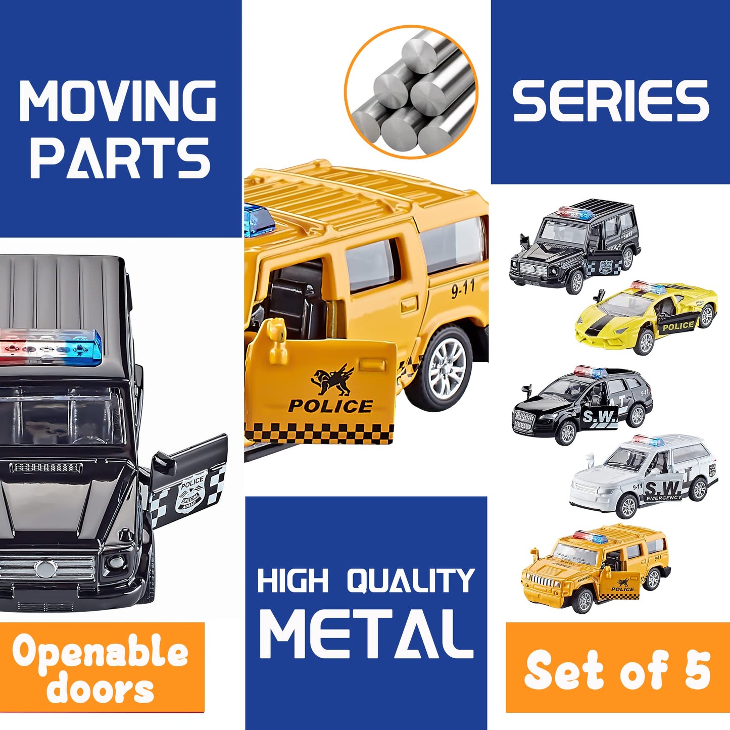 KIDAMI Die Cast Police Cars – Set of 5 with Openable Doors & Pull-Back Action (1:64)