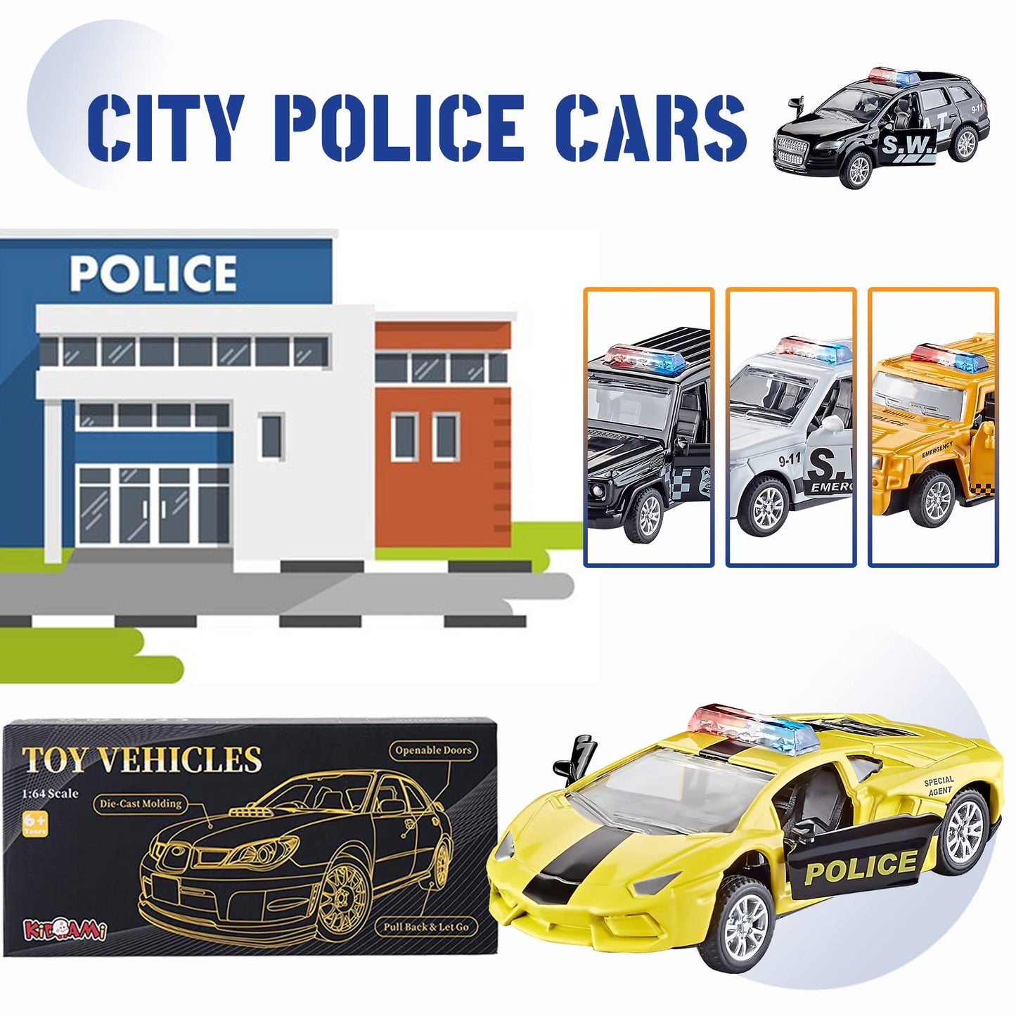 KIDAMI Die Cast Police Cars – Set of 5 with Openable Doors & Pull-Back Action (1:64)