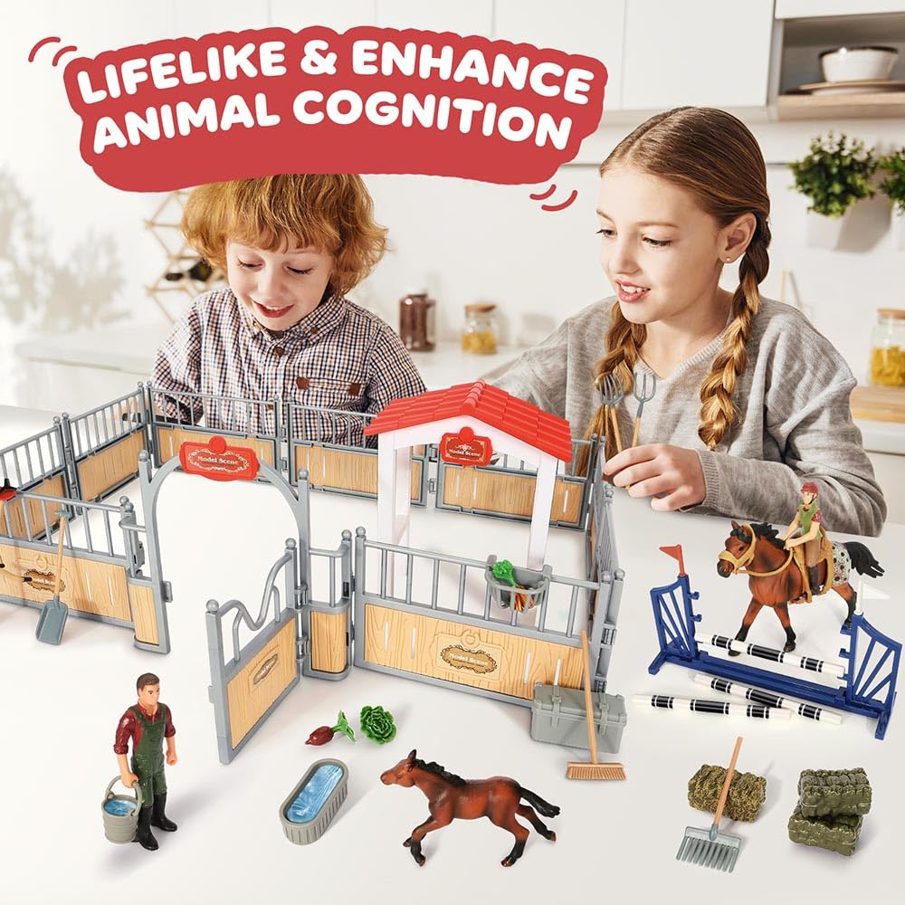 KIDBEST Horse Stable Playset - 26-Piece Farm Horse Toys for Kids 3-10