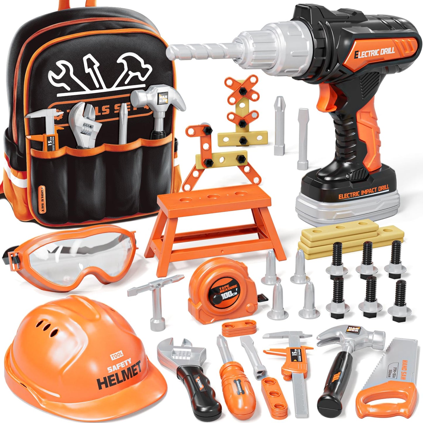KidBloom 50-Piece Kids Tool Set with Backpack | Pretend Play Drill & Safety Gear
