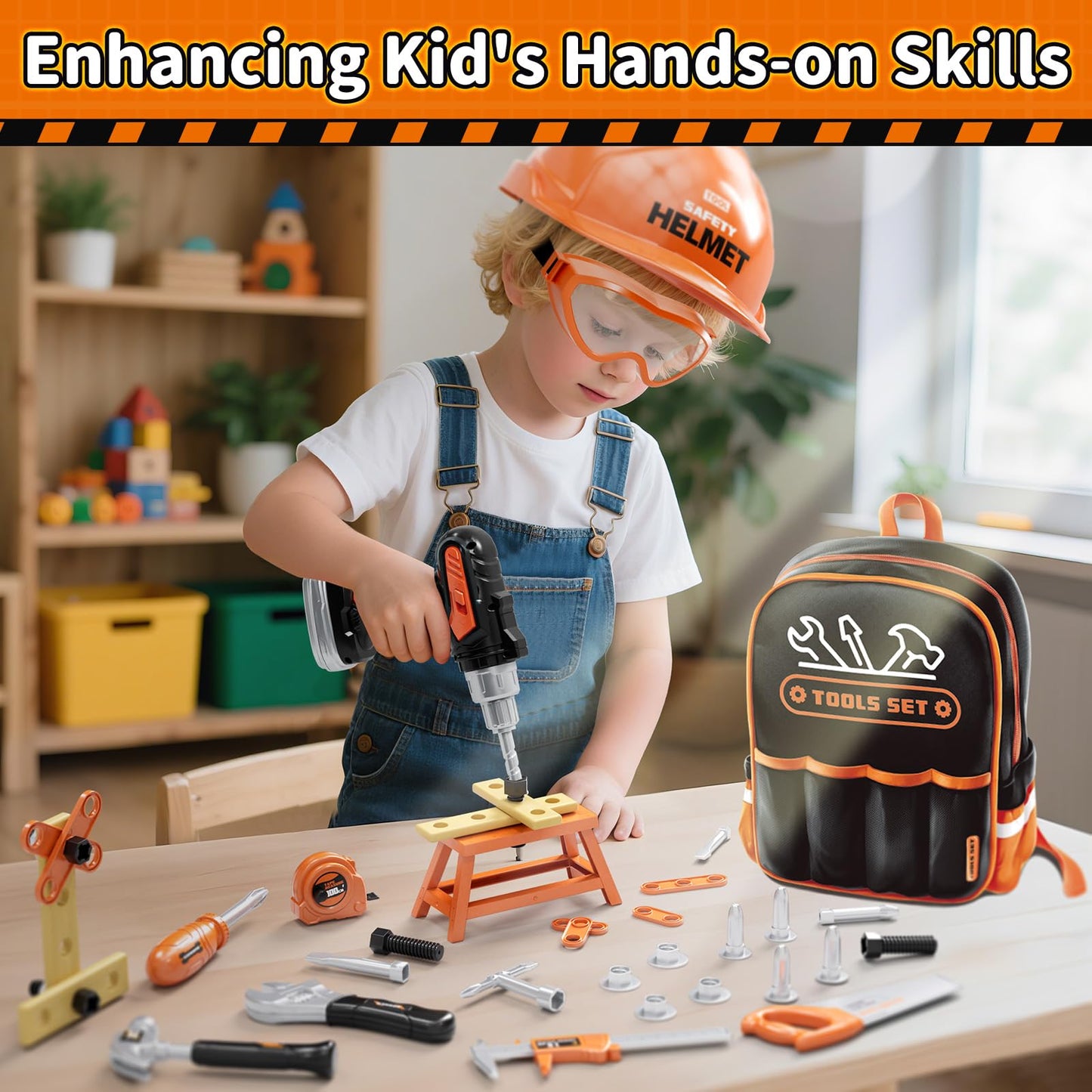 KidBloom 50-Piece Kids Tool Set with Backpack | Pretend Play Drill & Safety Gear
