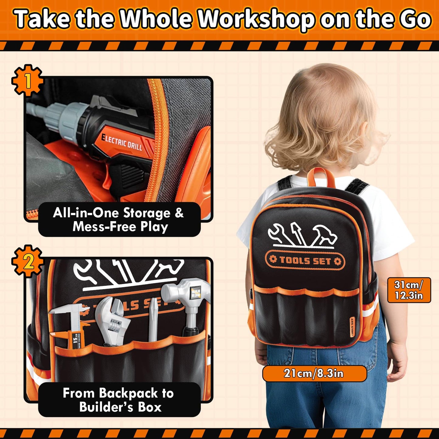 KidBloom 50-Piece Kids Tool Set with Backpack | Pretend Play Drill & Safety Gear