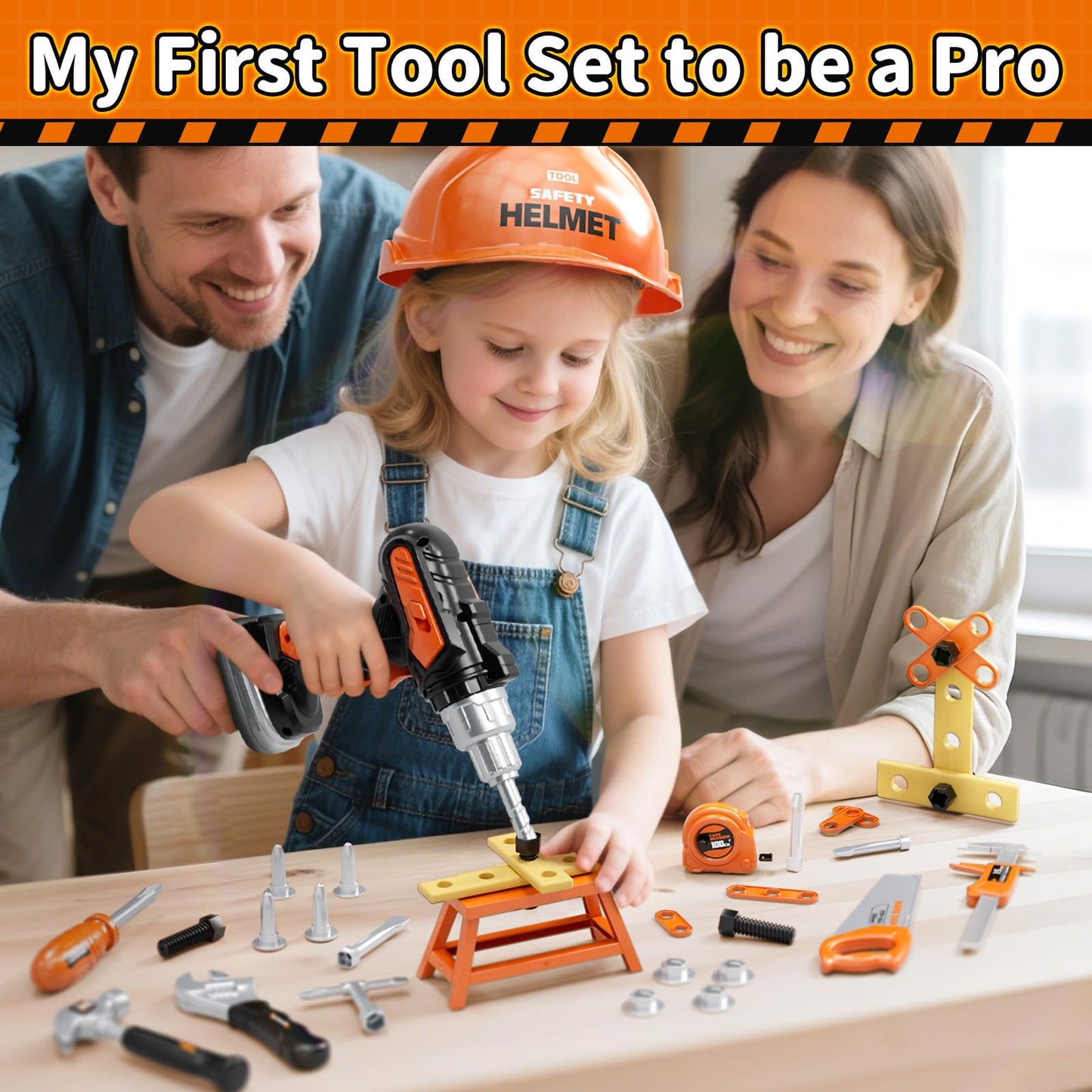 KidBloom 50-Piece Kids Tool Set with Backpack | Pretend Play Drill & Safety Gear