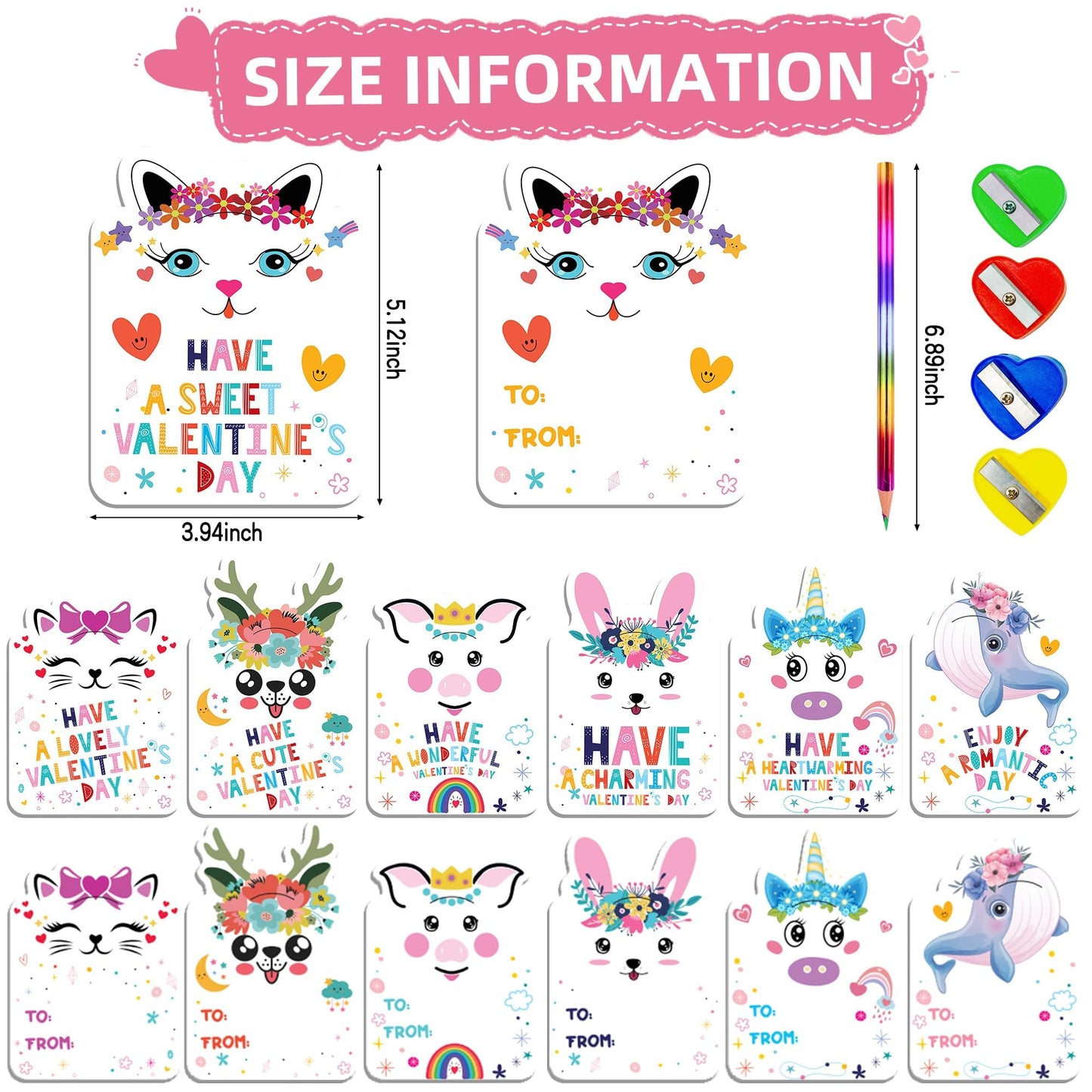 Kiddelo 28 Pack Valentines Cards with Rainbow Pencils & Sharpener | Cute Animal Classroom Gifts